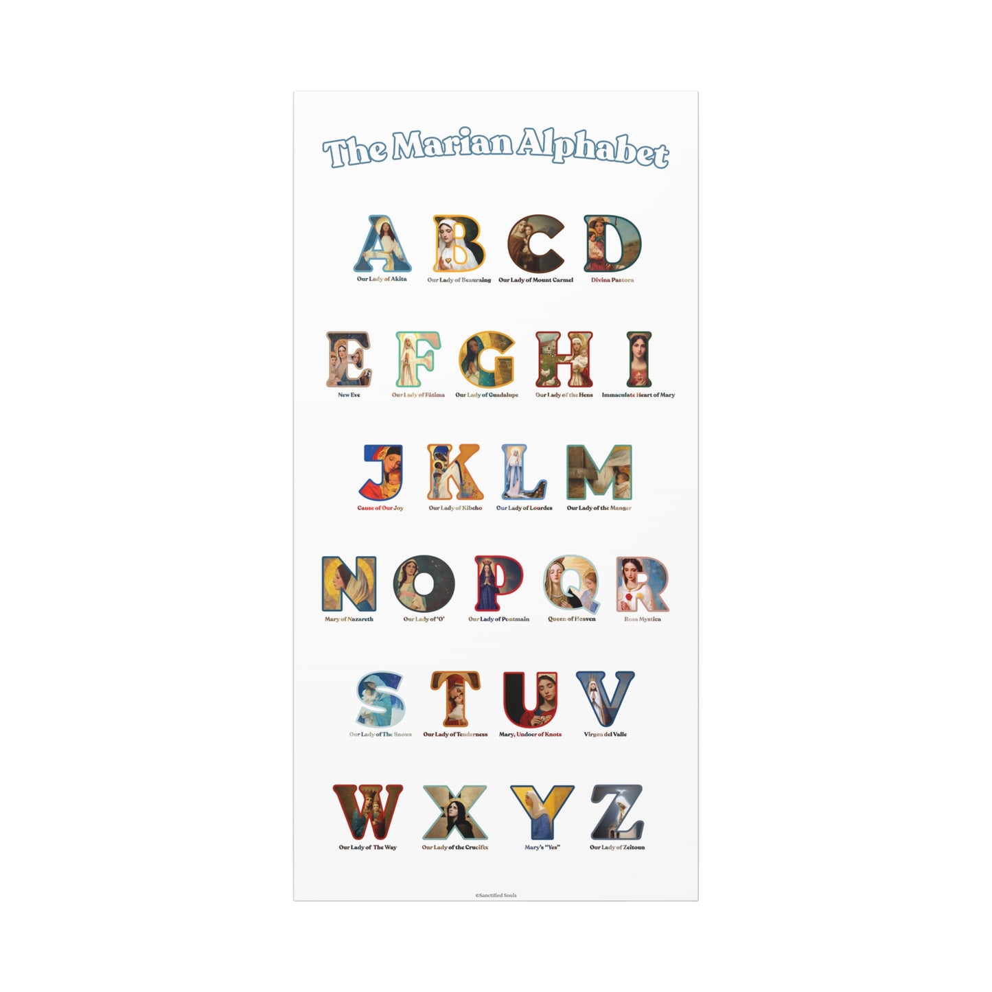 Catholic Marian Alphabet ABC Canvas - Full Alphabet Large Canvas - Catholic ABC Mary - Marian Titles - Catholic Nursery / Homeschool