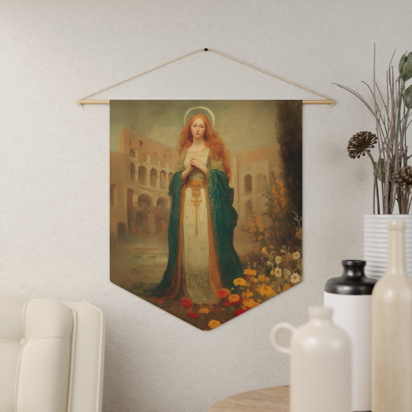 Saint Justina Pennant / Banner / Wall Hanging - Prayer room art - 18" x 21" - Catholic - Large Banner - Catholic Home