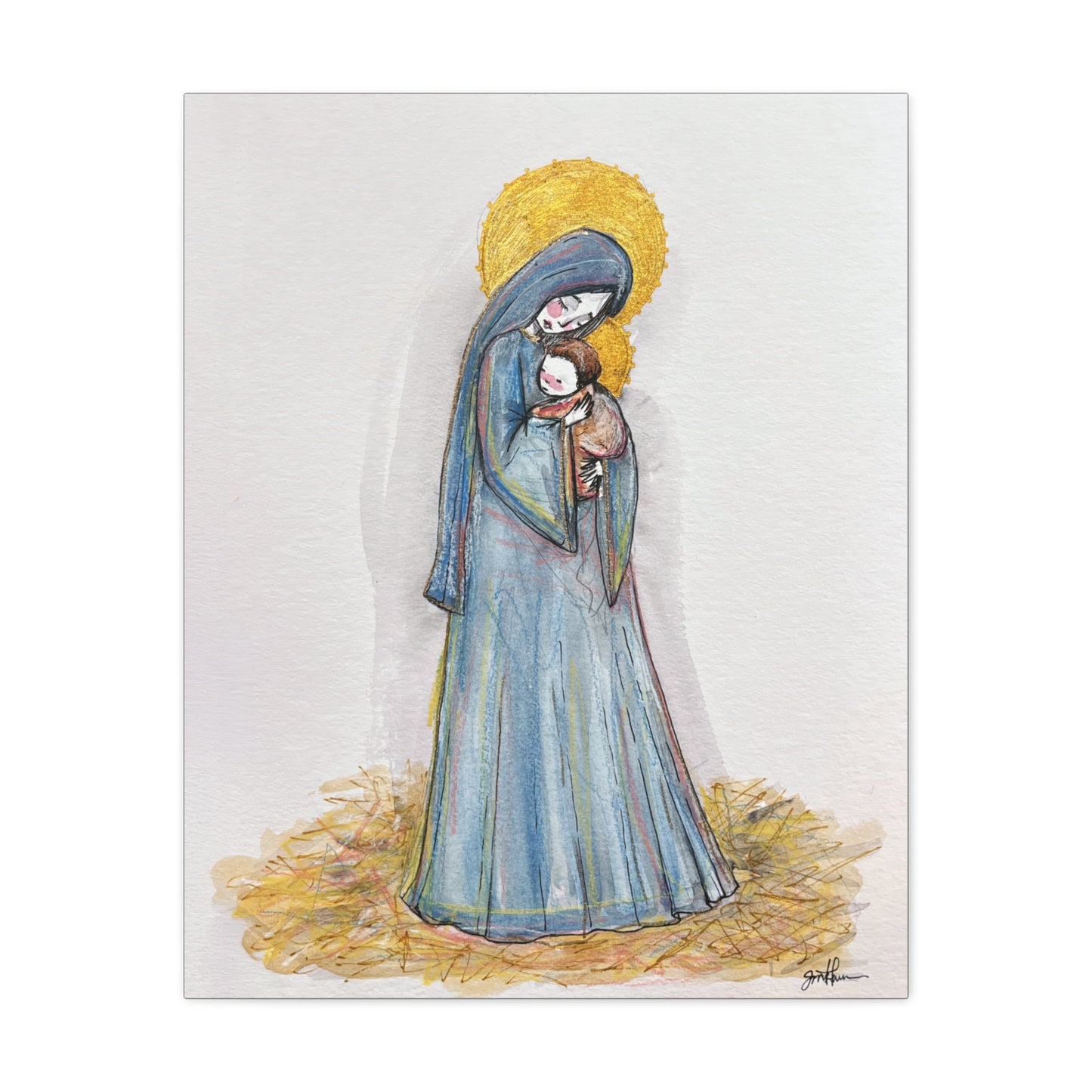 Our Lady of the Manger - Mother Mary Art - Catholic Canvas Print | Virgin Mary Sacred Art | Hand-Drawn Watercolor Christian Wall Art