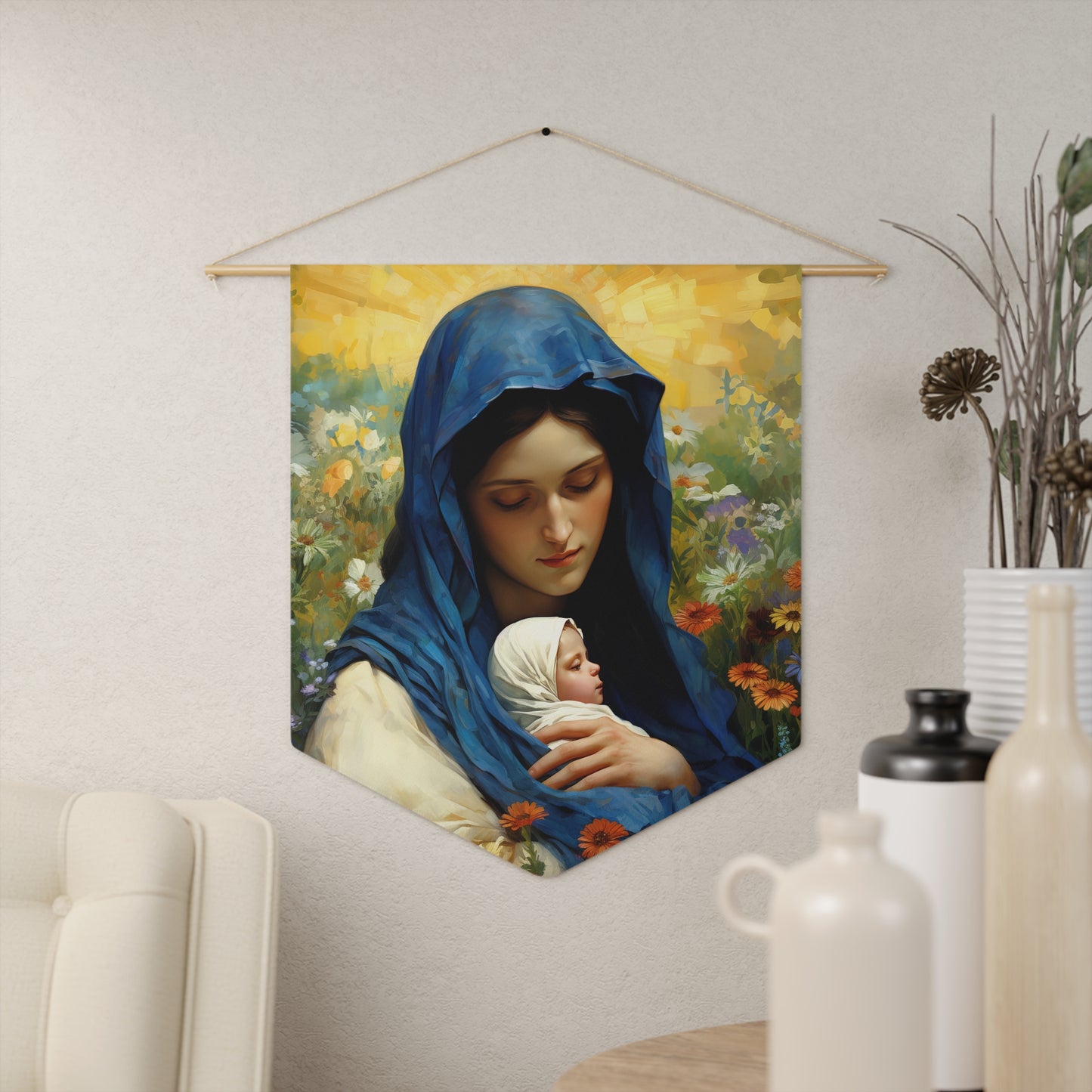 Graceful Maternity : The Virgin Mary and the Infant Savior Banner / Wall Hanging - Prayer room art - Catholic Home -  18" x 21"