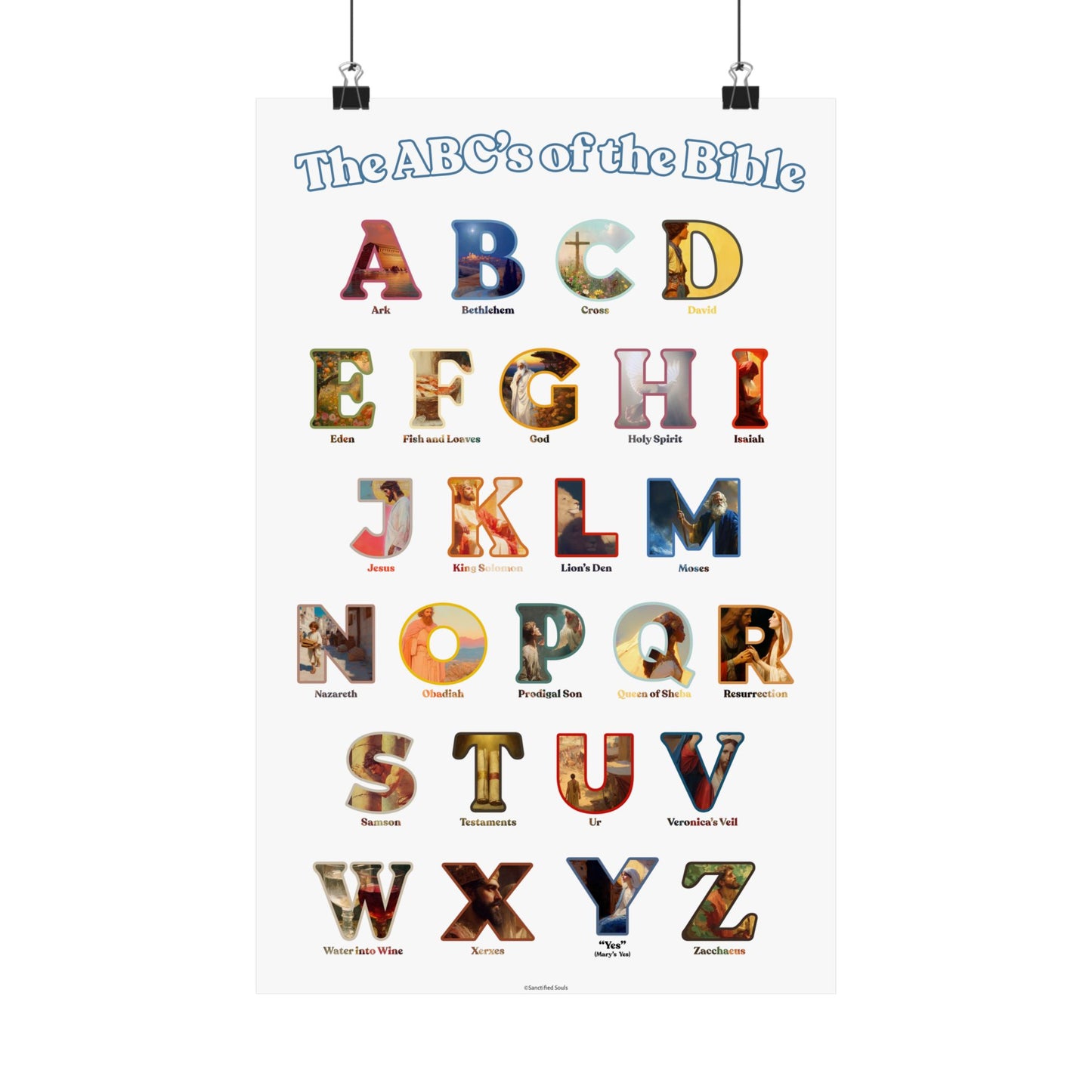 Bible ABC Poster - ABCs of the Bible Wall Art - Biblical People Places and Stories Chart - Christian Homeschool or Sunday School Decor