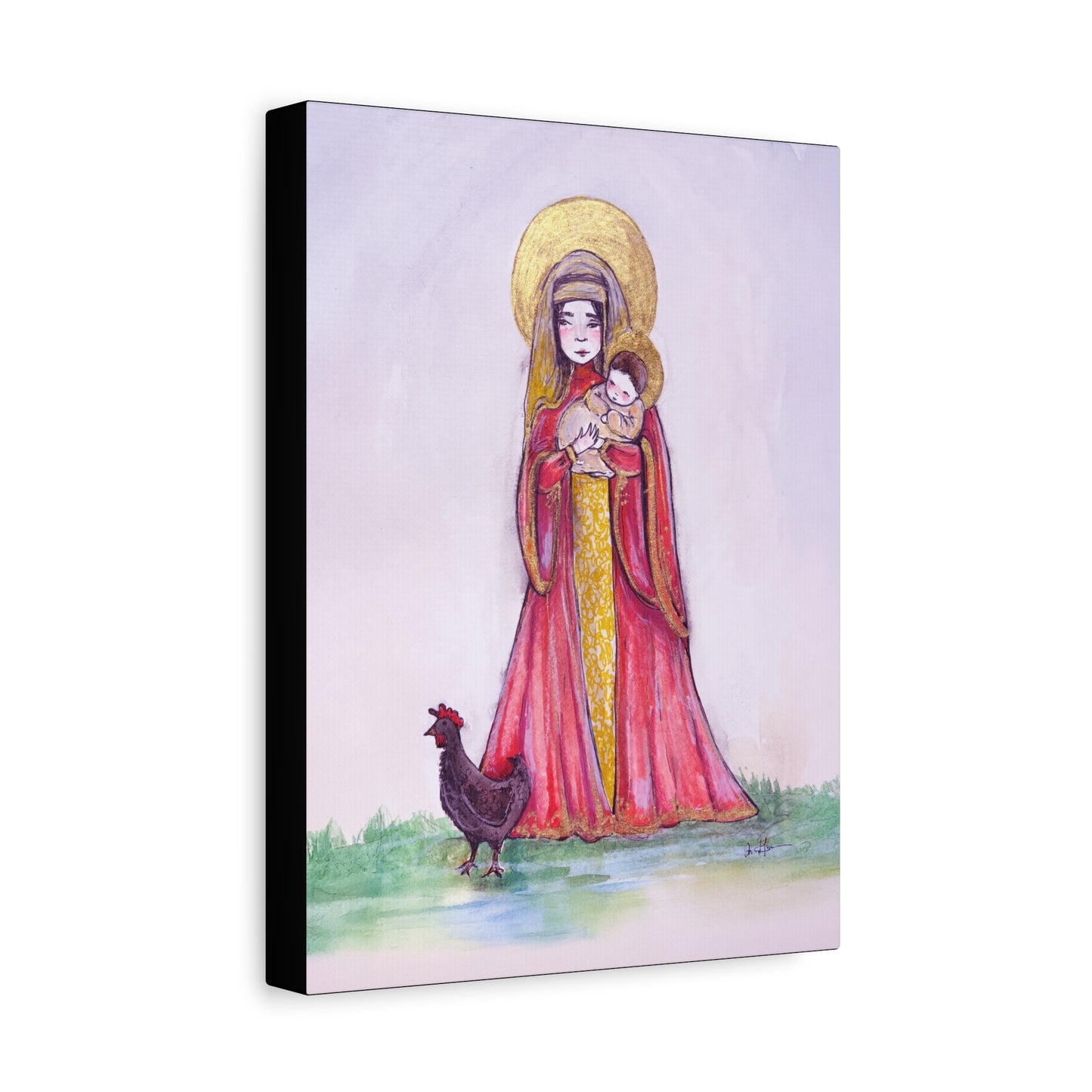 Our Lady of the Hens Catholic Canvas Print | Virgin Mary and Child Sacred Art | Hand-Drawn Watercolor Marian Wall Art