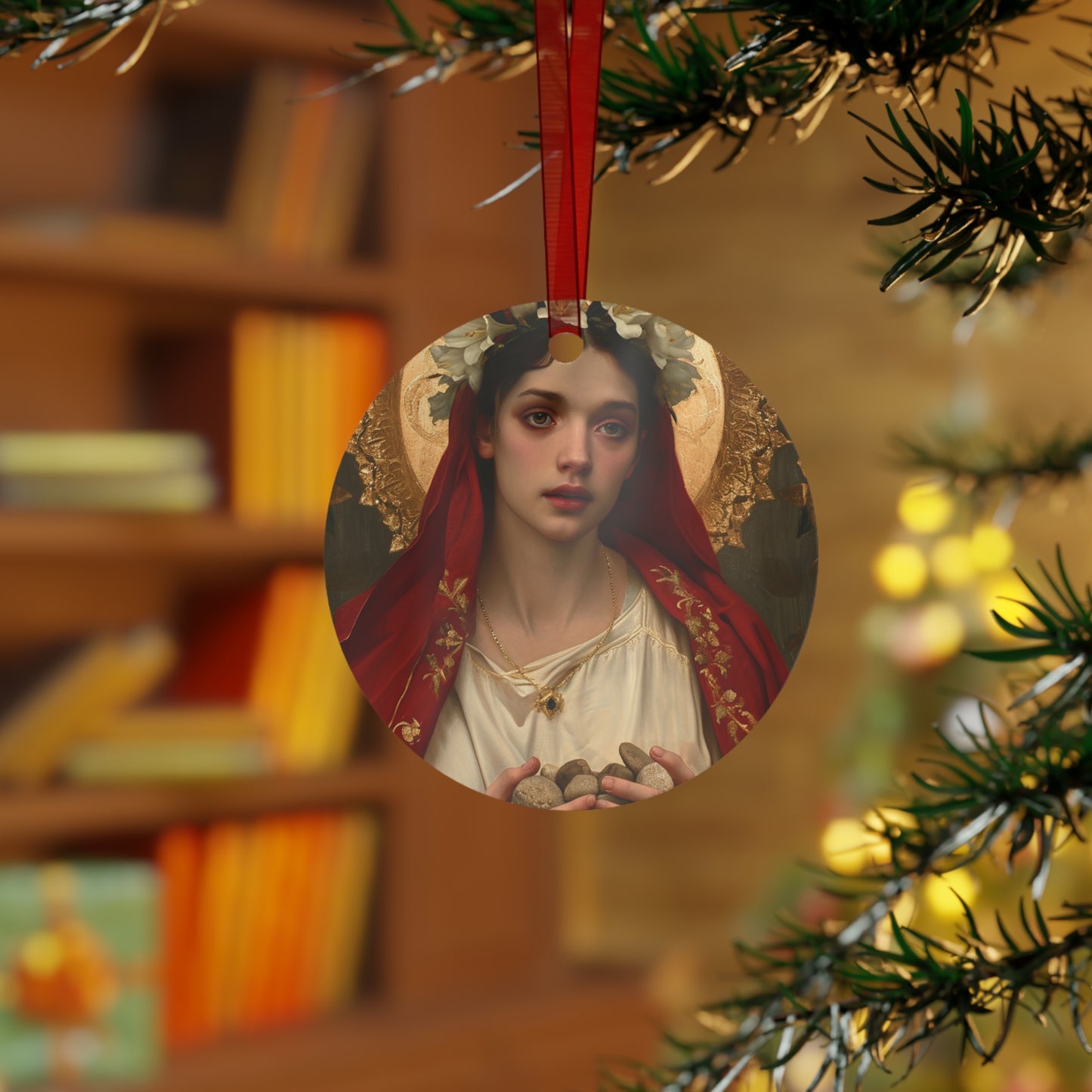 Saint Emerentiana Metal Ornament - Religious Holiday Christmas Ornament and Keepsake - Double sided - Catholic art gift