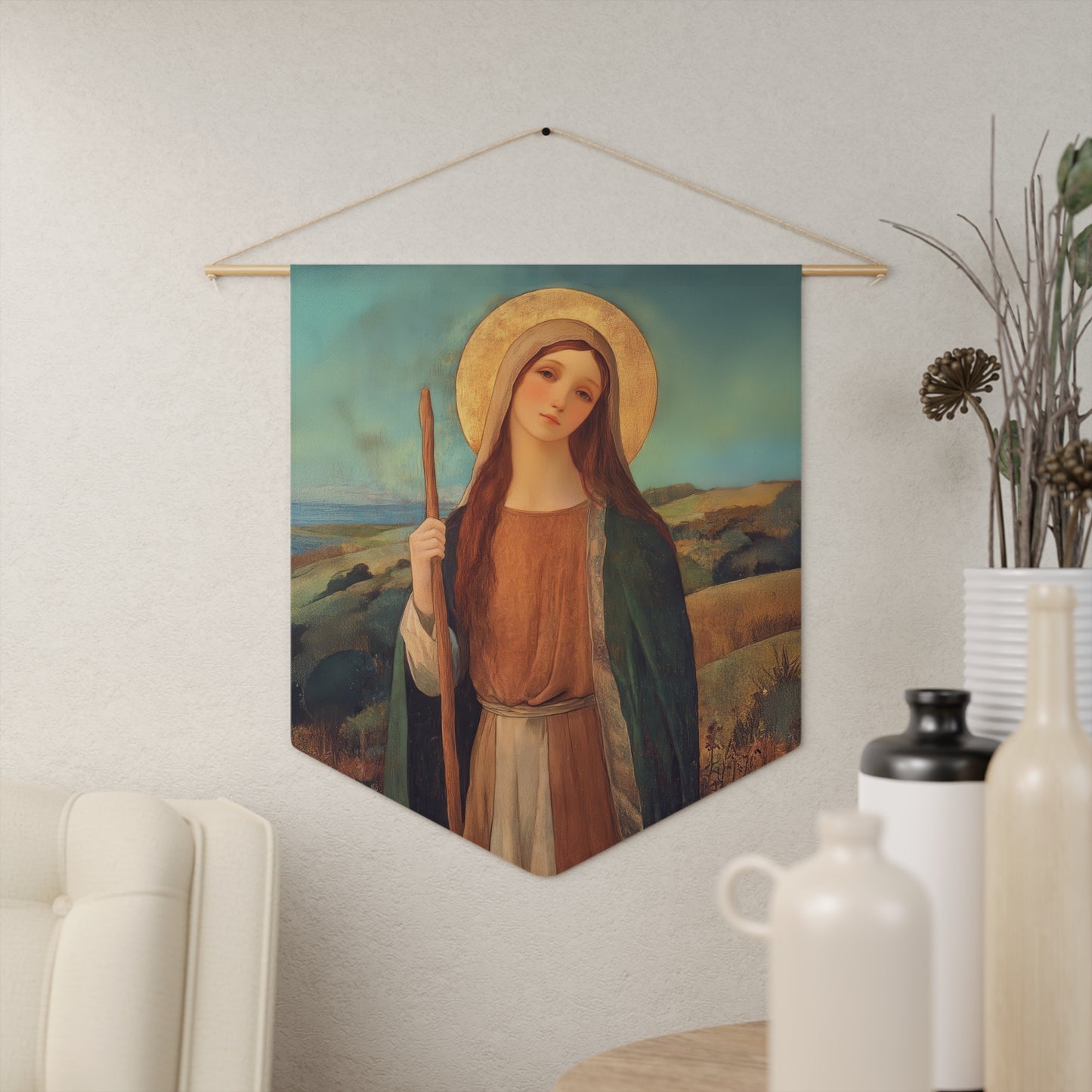 Saint Breage // Saint Breaca - Pennant / Banner / Wall Hanging - Prayer room art - Catholic Home - 18" x 21"