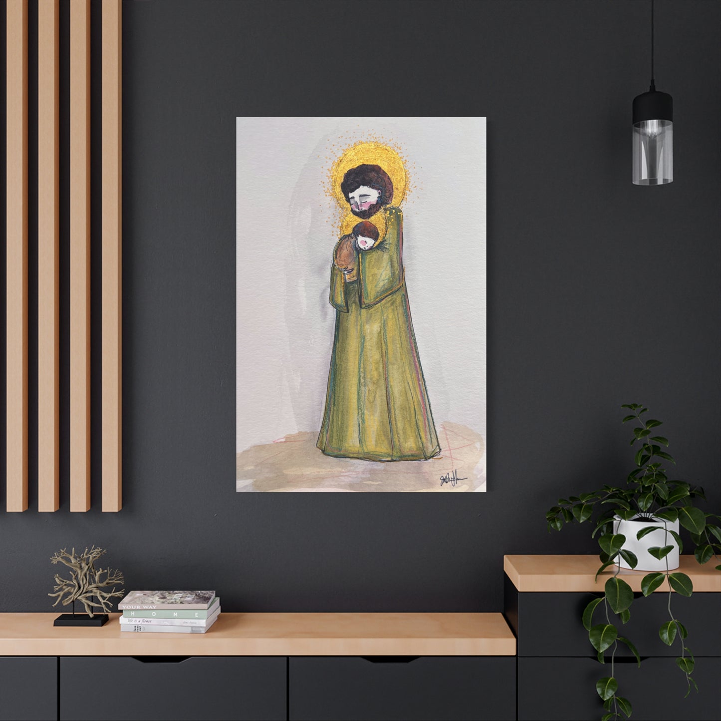Saint Joseph and Child Jesus Catholic Canvas Print | Hand-Drawn Watercolor Sacred Art | Christian Devotional Wall Art
