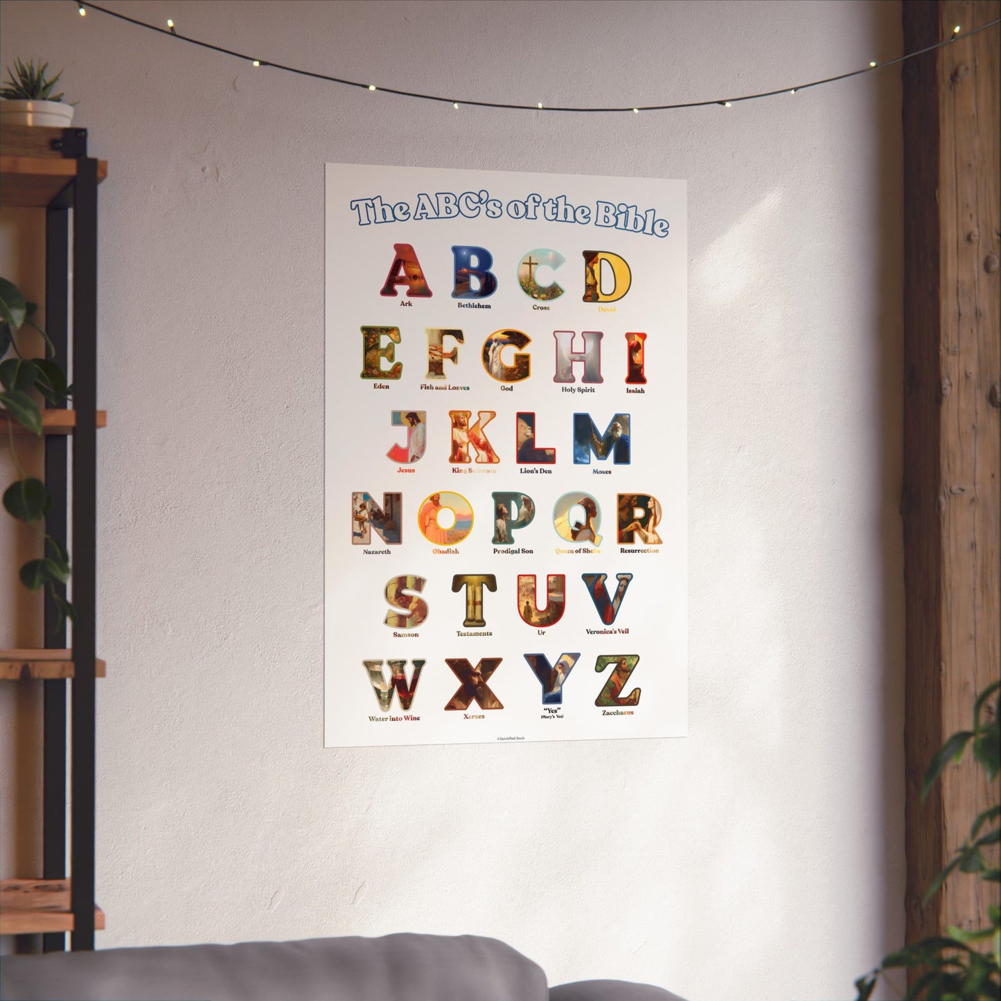 Bible ABC Poster - ABCs of the Bible Wall Art - Biblical People Places and Stories Chart - Christian Homeschool or Sunday School Decor