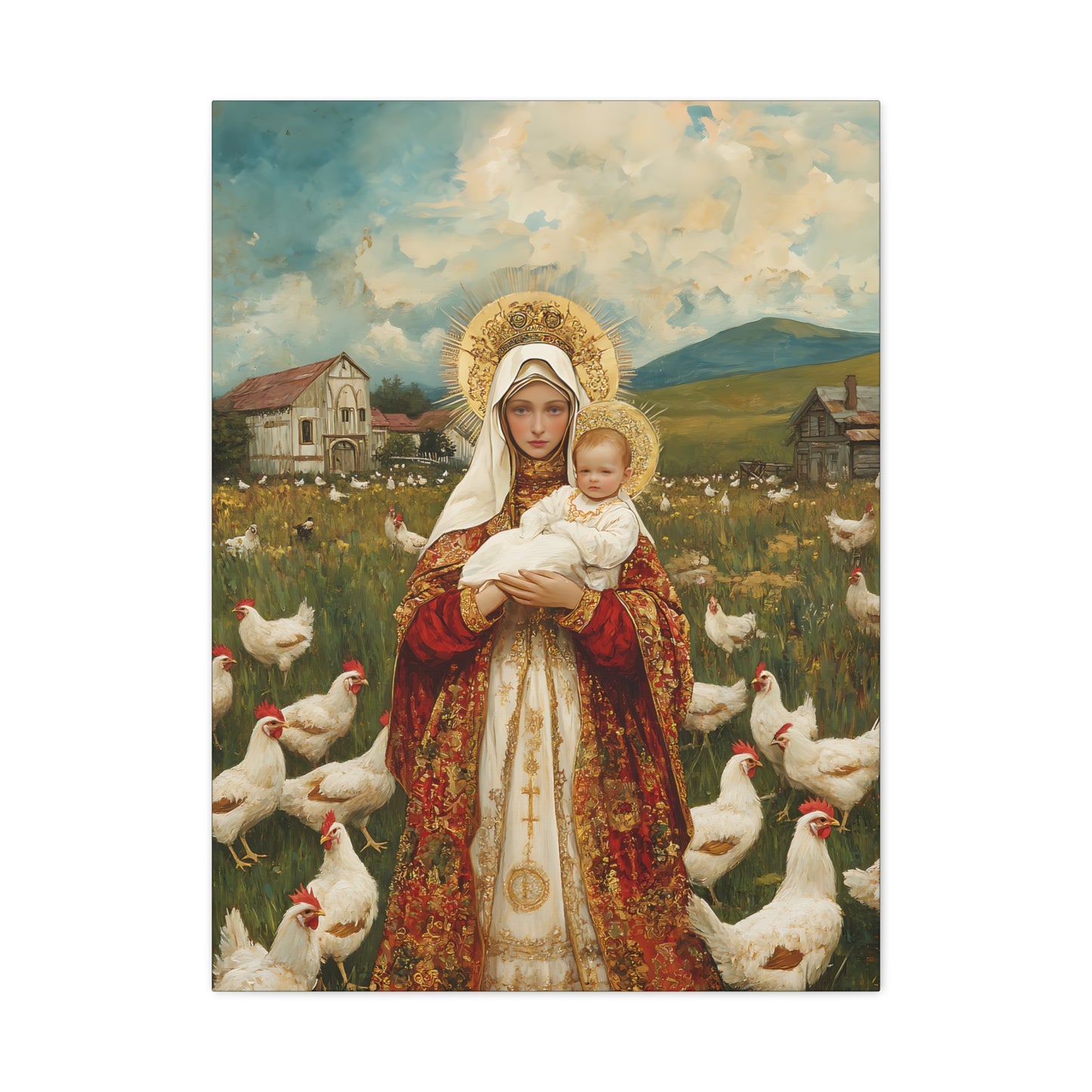 Our Lady of the Hens: Protector of the Humble Flock - Museum Wrapped Canvas - Print - Religious Art for your Home - Christian print