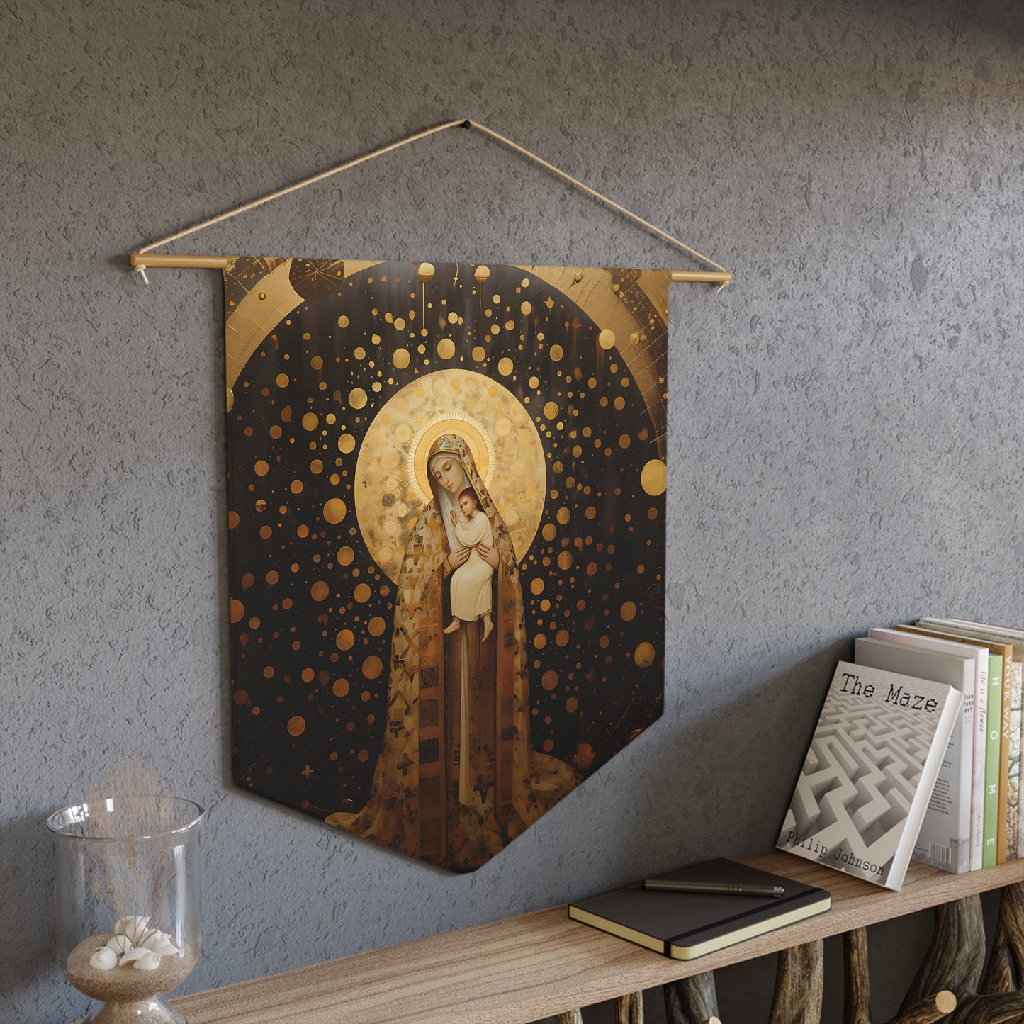 The Golden Mary - Mary the Blessed Virgin Wall Banner / Wall Hanging - Prayer room - Catholic Home Art - 18" x 21"