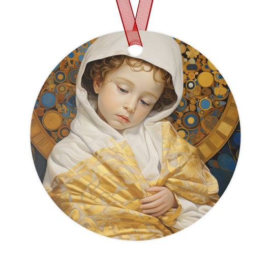 Divine Innocence: The Christ Child Metal Ornament - Religious Holiday Christmas Ornament and Keepsake - Double sided - Prayer Ornament