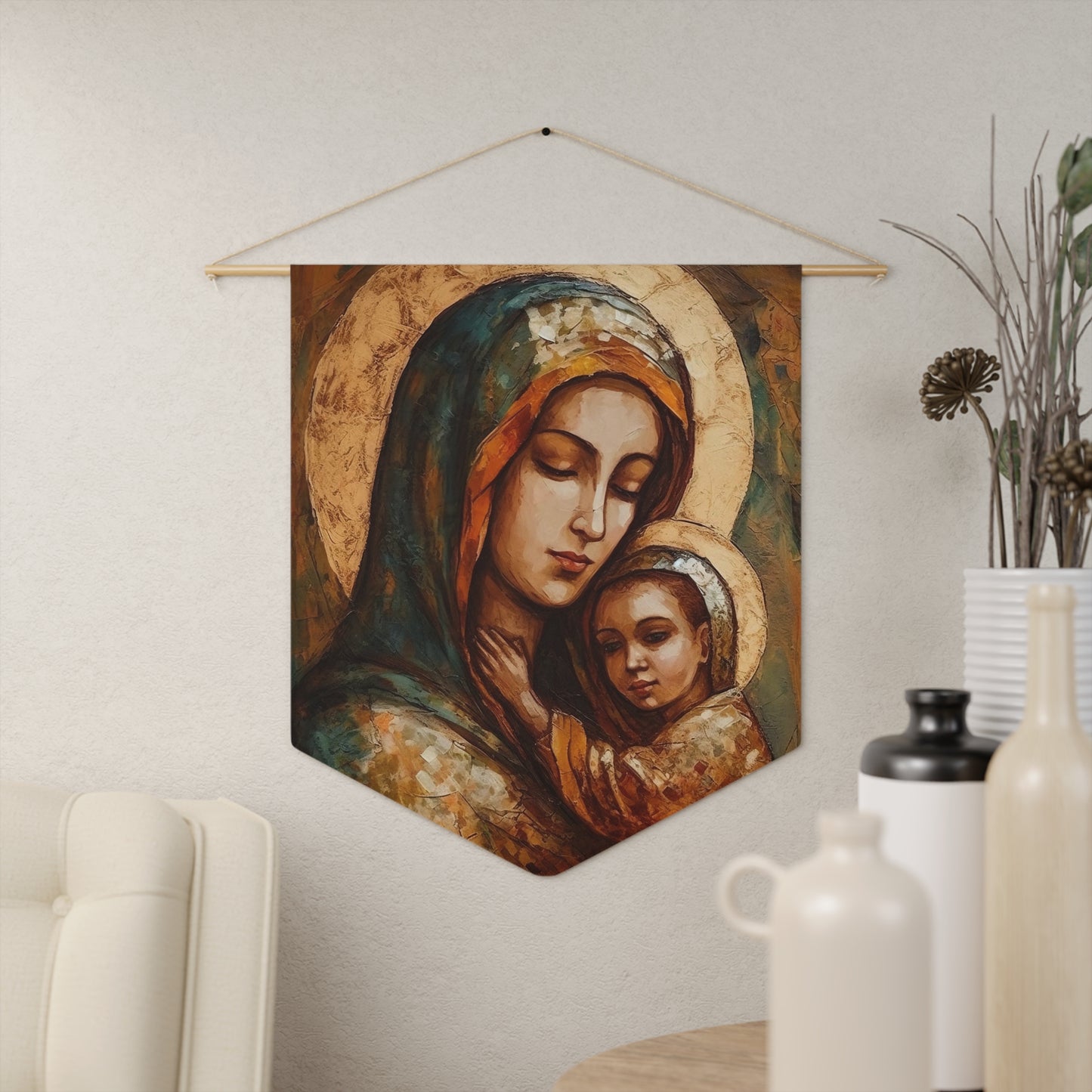 Mother's Blessing - Virgin Mary and the Christ Child Wall Banner / Wall Hanging - Prayer room - Catholic Home - 18" x 21"