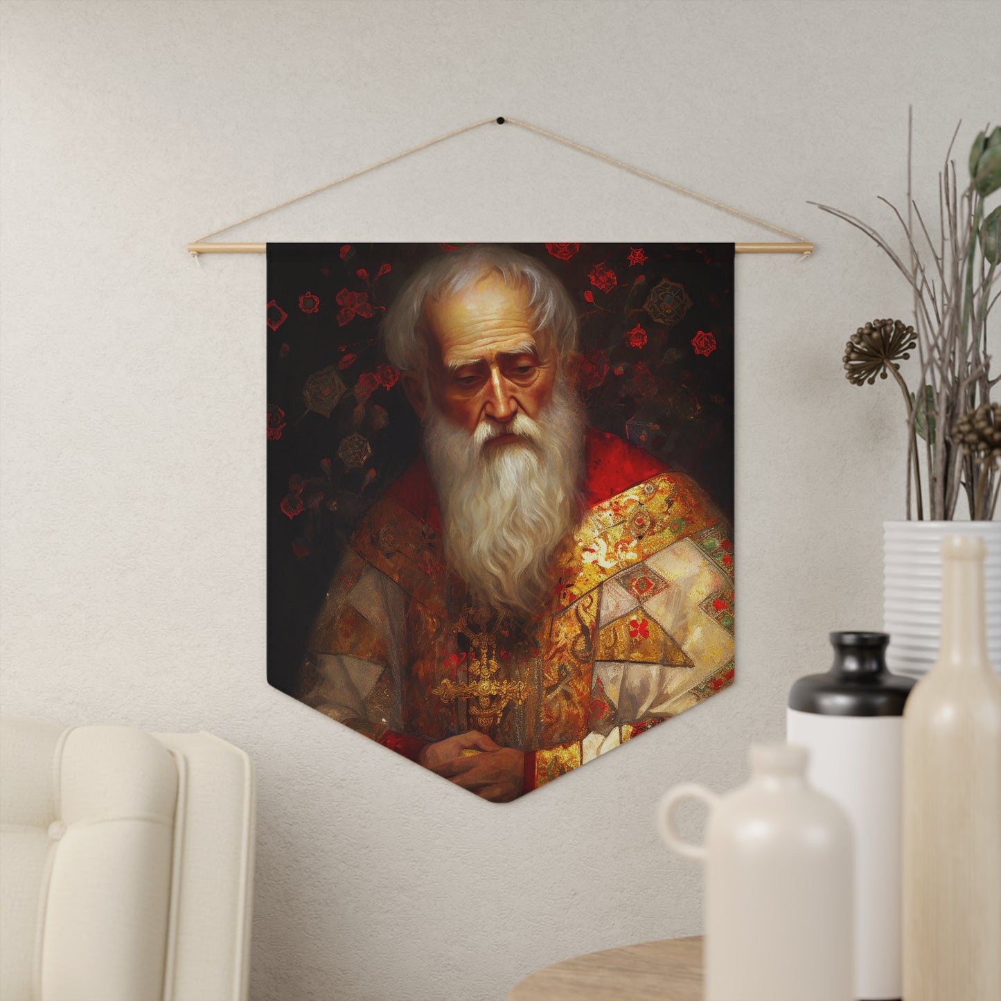 Saint Nicholas Wall Banner / Wall Hanging - Prayer room art - Catholic Home Art - Large Saint Art for your home - 18" x 21"