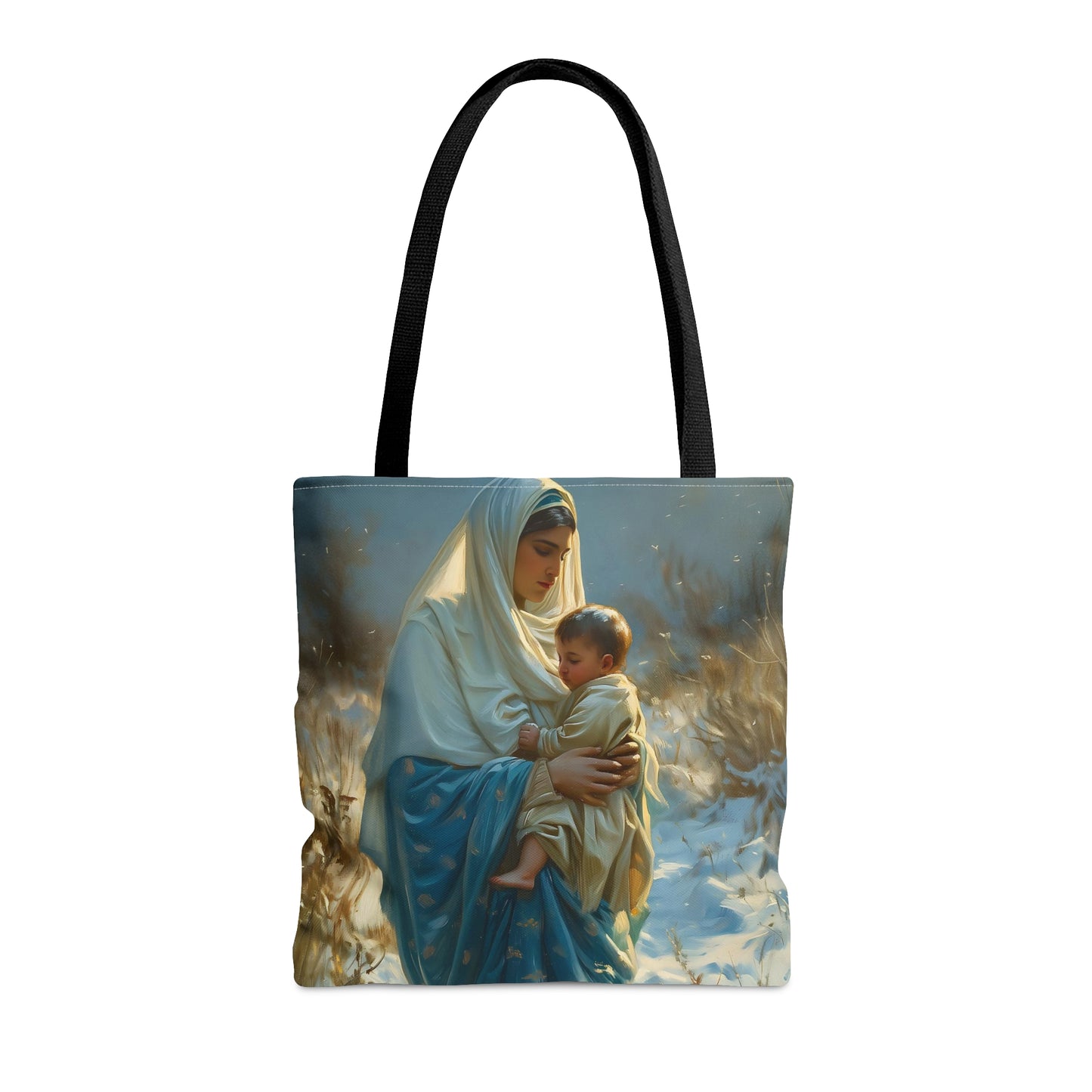 Snowfall of Grace - Our Lady's Winter Radiance - Our Lady of the Snows Tote Bag - Large Medium Small Faith Art Bag