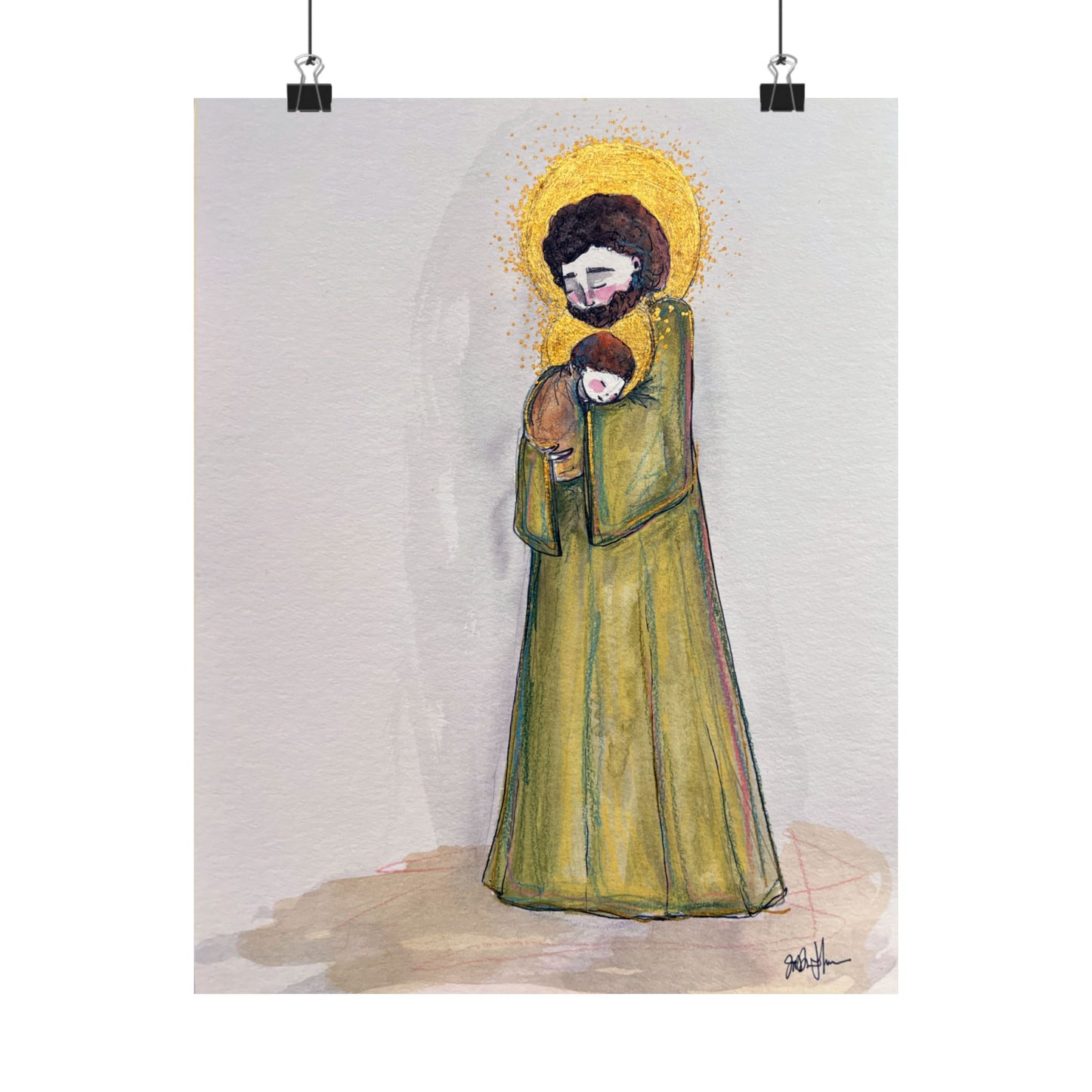 Saint Joseph and Child Jesus Catholic Art Print | Hand-Drawn Watercolor Sacred Artwork | Christian Devotional Wall Art