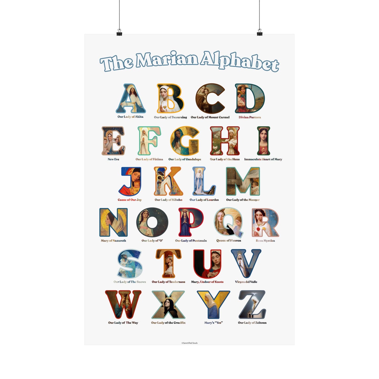 Catholic Marian Alphabet Poster - ABC Wall Art - Marian Titles Catholic Print - Catholic Nursery or Homeschool Faith Decor - Mother Mary Art