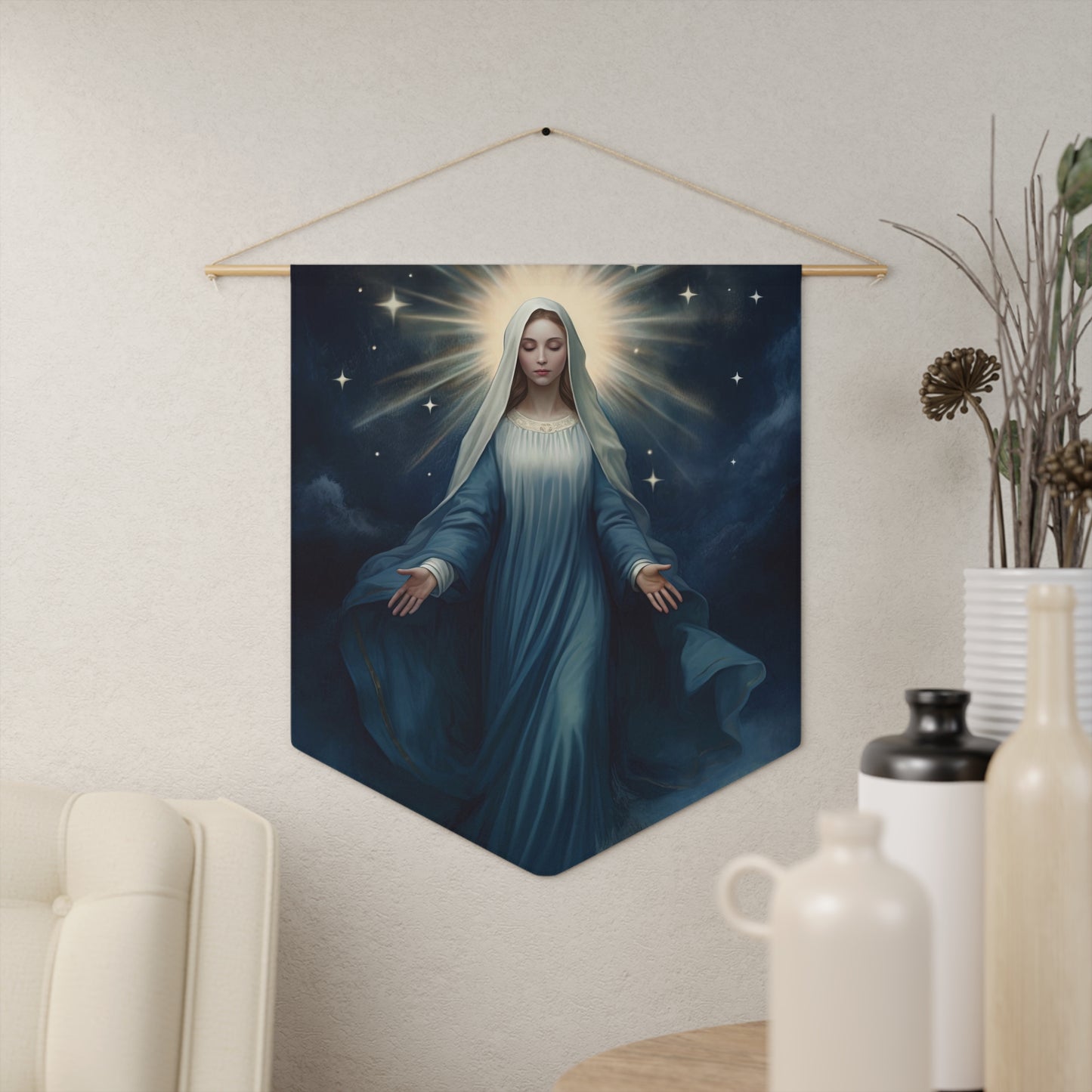 Our Lady Star of the Sea Pennant / Banner / Wall Hanging - Prayer room art - Catholic Home Art - Large Saint Art for your home - 18" x 21"