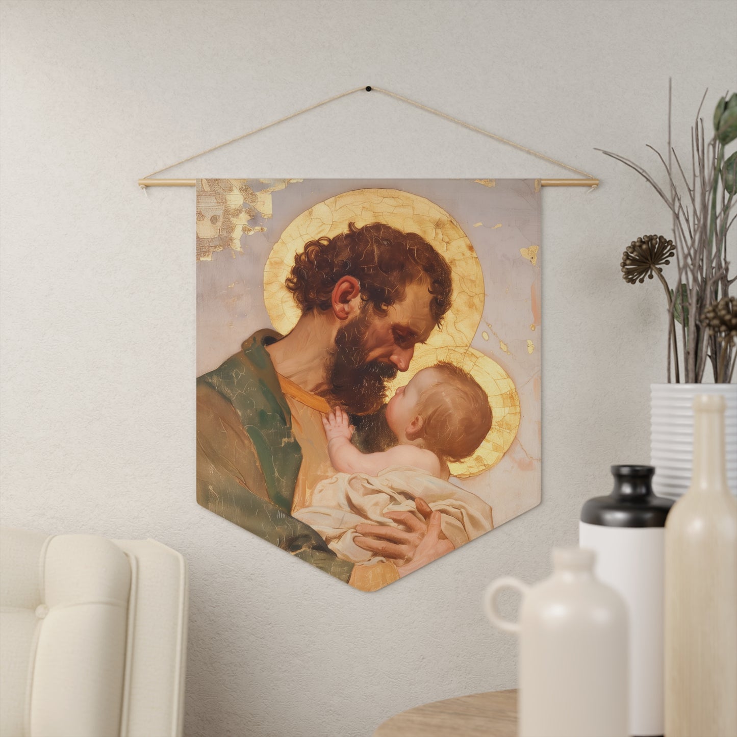 Saint Joseph, Pillar of the Holy Family - Pennant / Banner / Wall Hanging - Prayer room art - Catholic Home - 18" x 21"