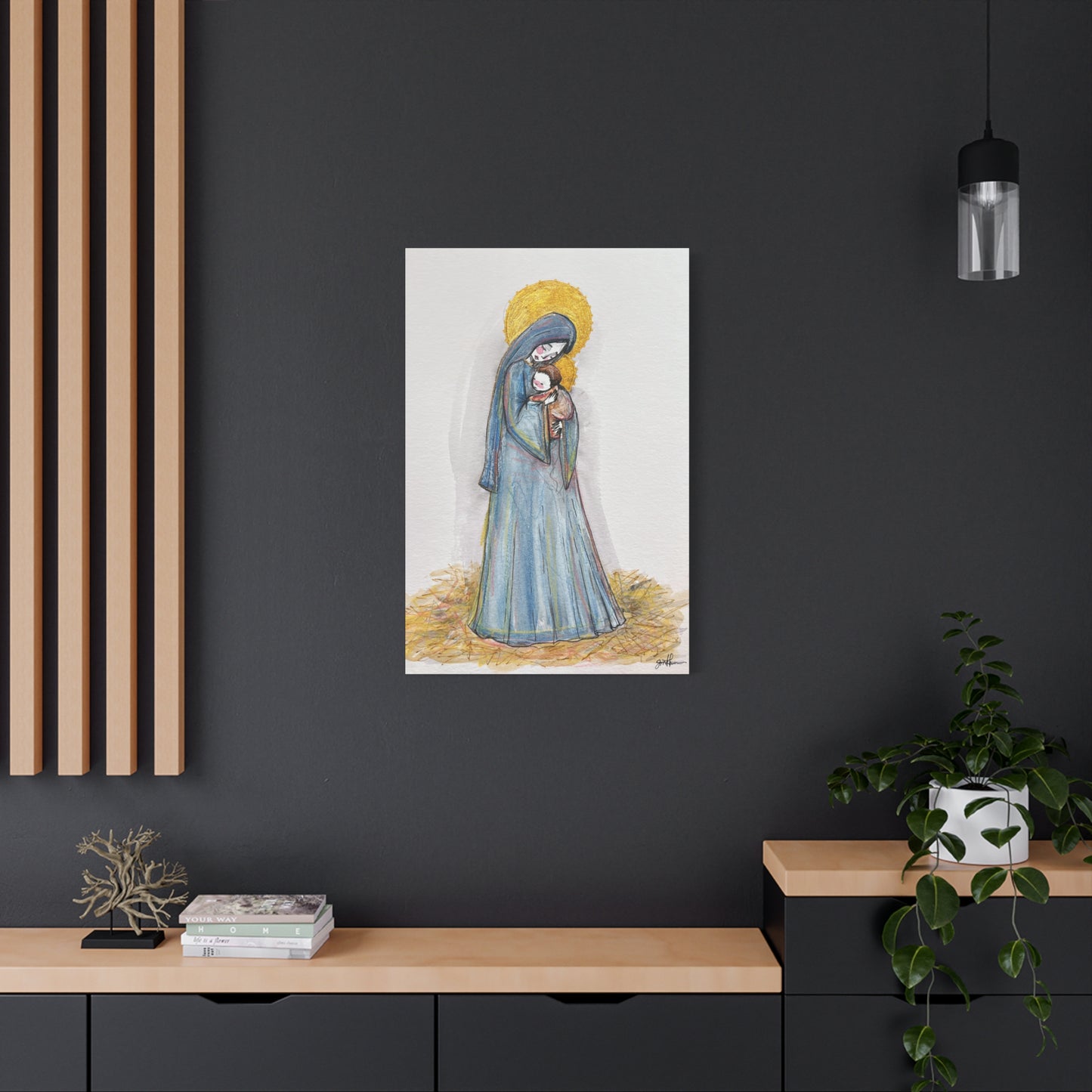 Our Lady of the Manger - Mother Mary Art - Catholic Canvas Print | Virgin Mary Sacred Art | Hand-Drawn Watercolor Christian Wall Art