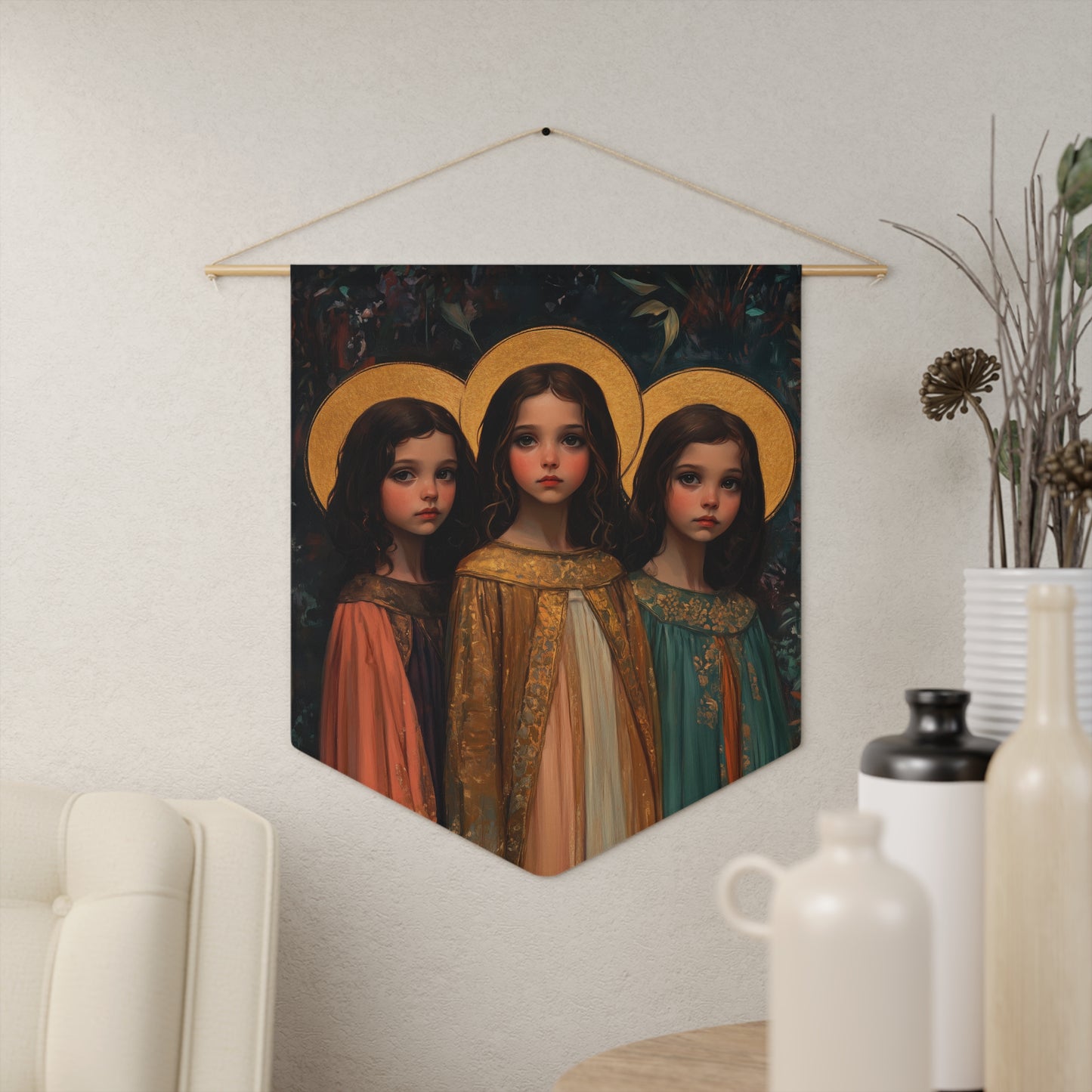 Saints Faith, Hope and Charity - Pennant / Banner / Wall Hanging - Prayer room art - Catholic Home - 18" x 21"