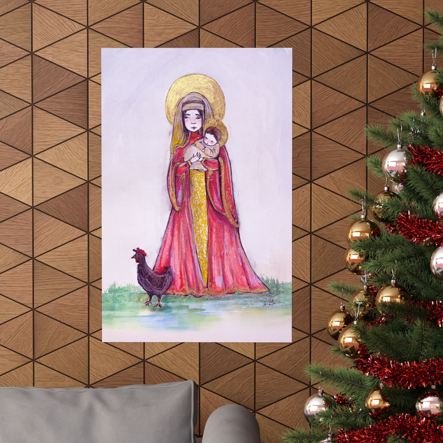 Our Lady of the Hens Catholic Art Print | Hand-Drawn Watercolor Virgin Mary Artwork | Christian Devotional Marian Wall Art