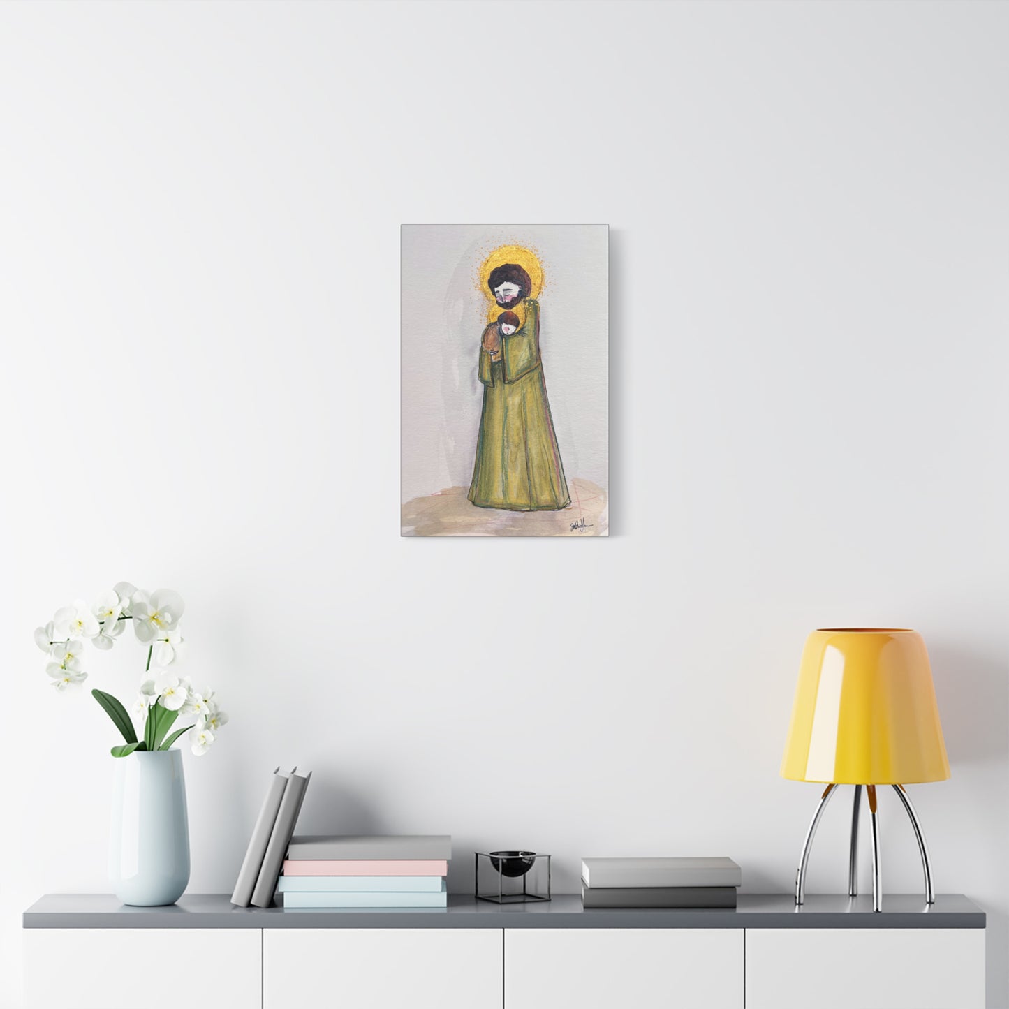 Saint Joseph and Child Jesus Catholic Canvas Print | Hand-Drawn Watercolor Sacred Art | Christian Devotional Wall Art