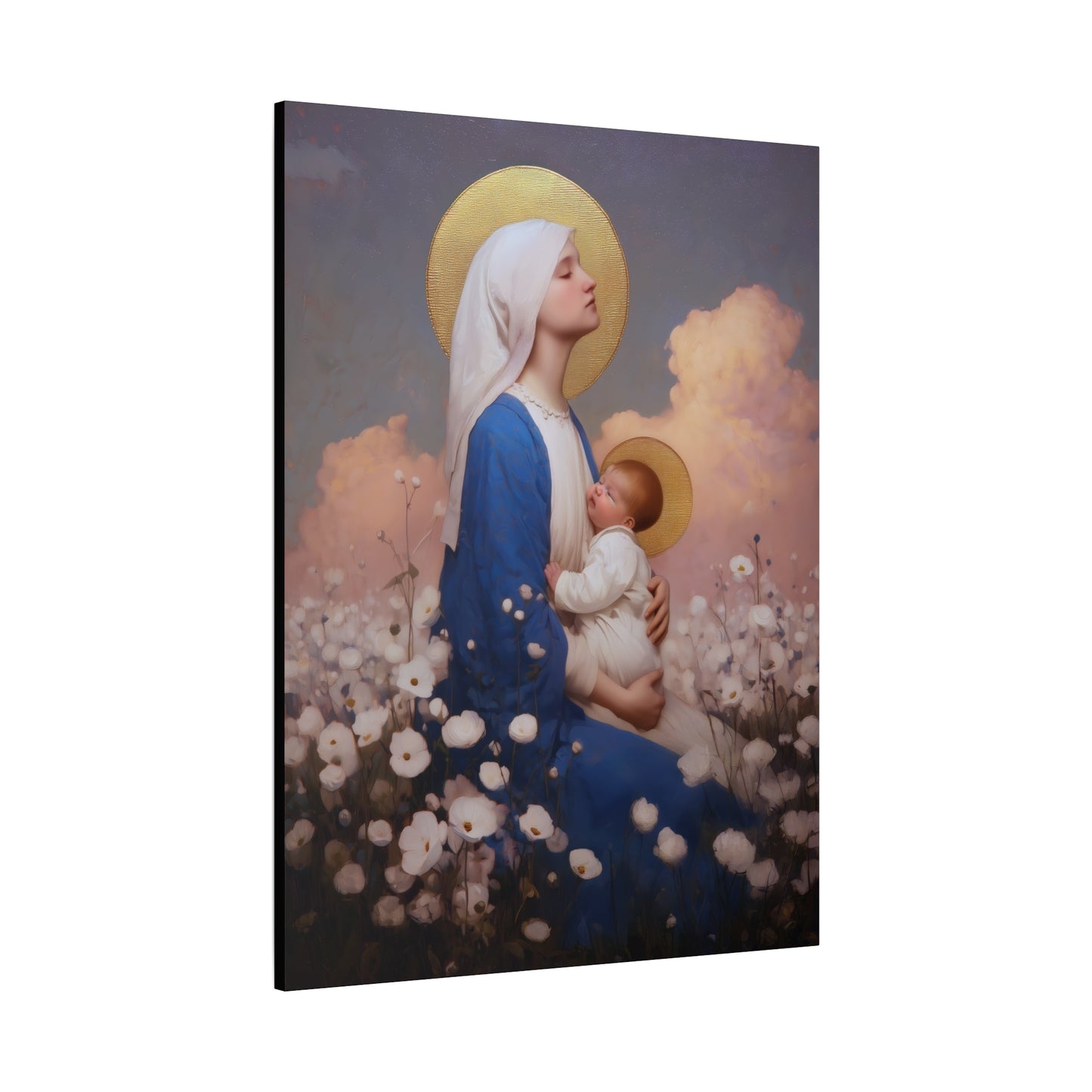 Mother Mary - Our Lady Among the Flowers -  Museum Wrapped Canvas - Sanctified Souls Print - Religious Art for your Home - Catholic Mother Mary Art
