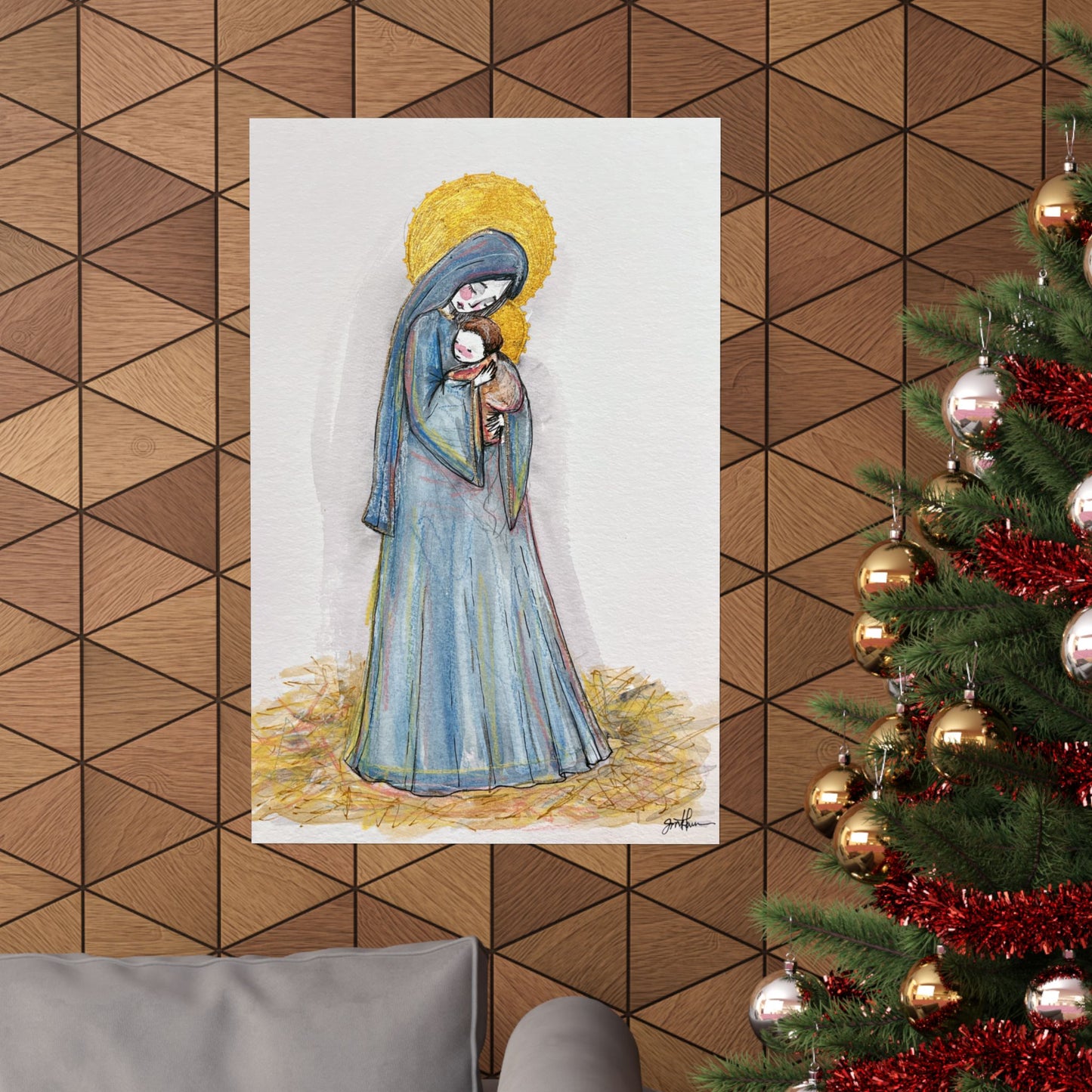 Our Lady of the Manger Catholic Art Print | Hand-Drawn Watercolor Virgin Mary Artwork | Christian Devotional Wall Art