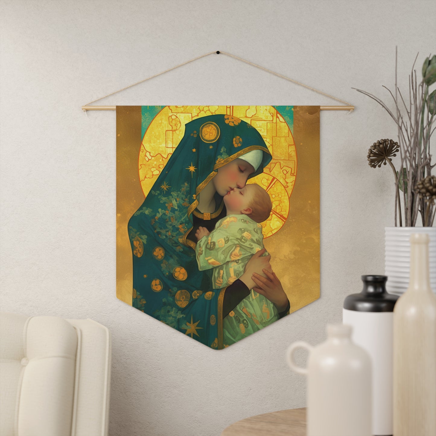 Peaceful Refuge - Mary and the Christ Child Pennant / Banner / Wall Hanging - Prayer room art - 18" x 21" - Catholic prayer Religious