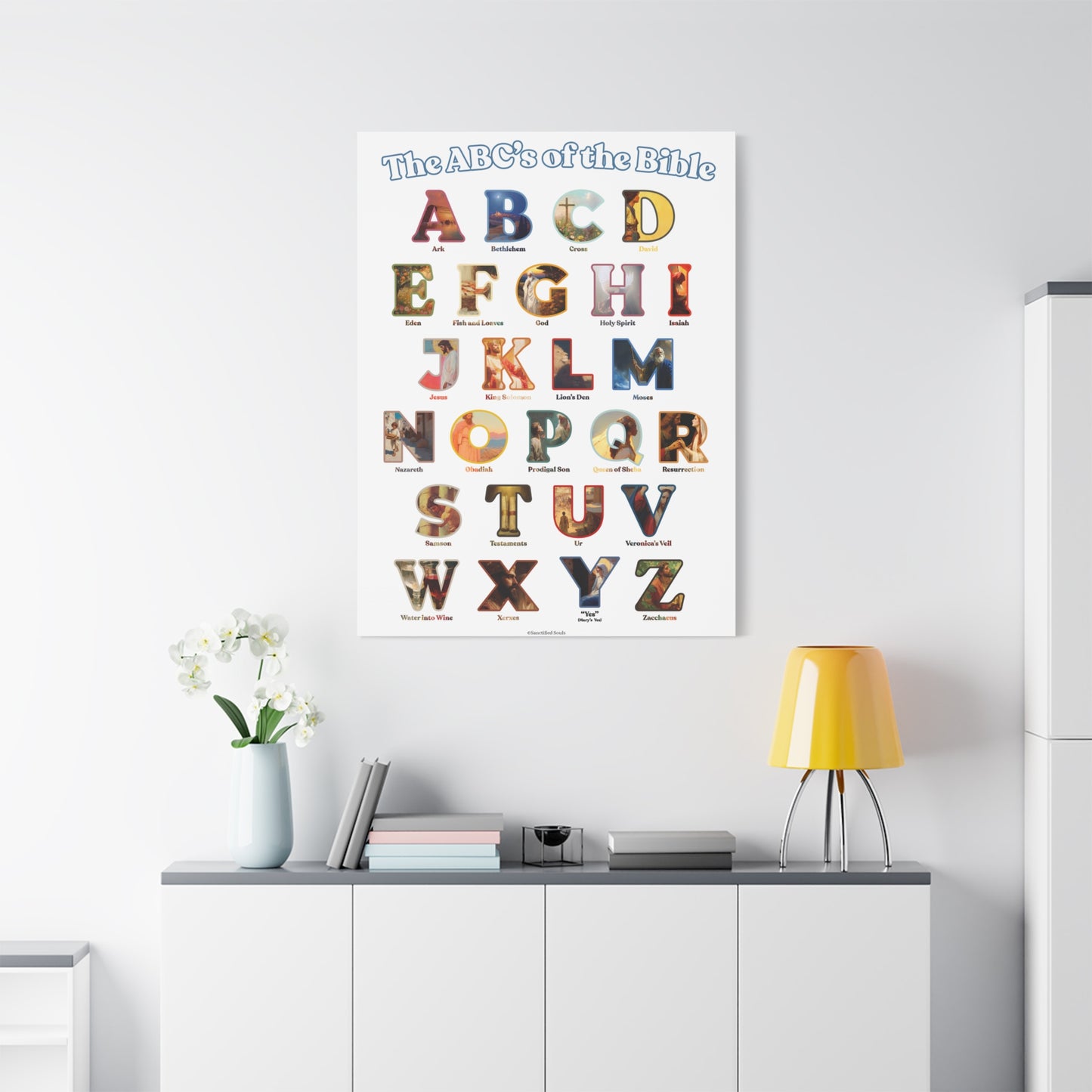 Catholic Bible ABC Prints - Alphabet Canvas - ABCs of the Bible Wall Art - Biblical People Places and Stories -  Homeschool / Sunday School