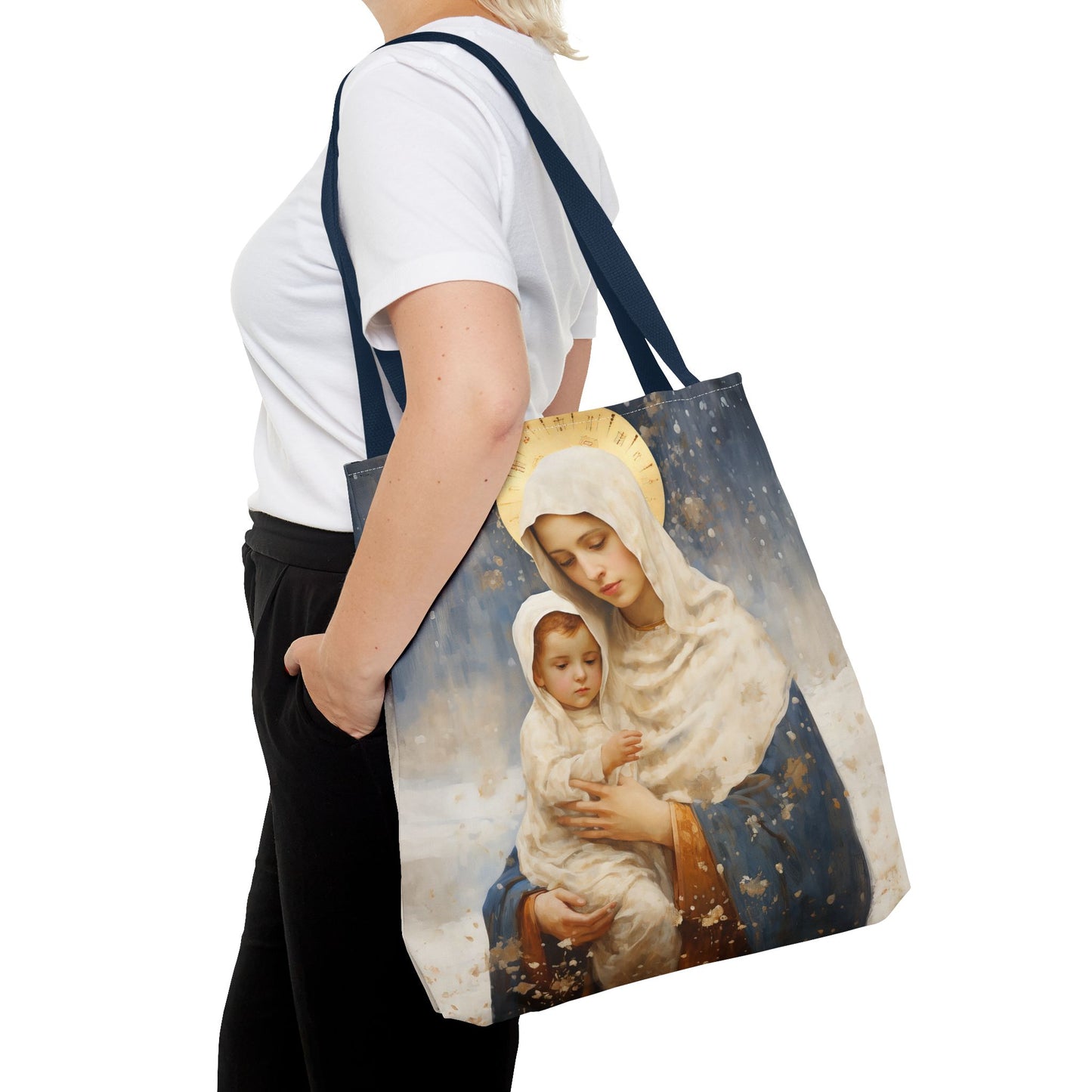 Winter's Grace : Our Lady of the Snows Tote Bag - Catholic faith inspired carry-all purse - day to day bag - Double Sided