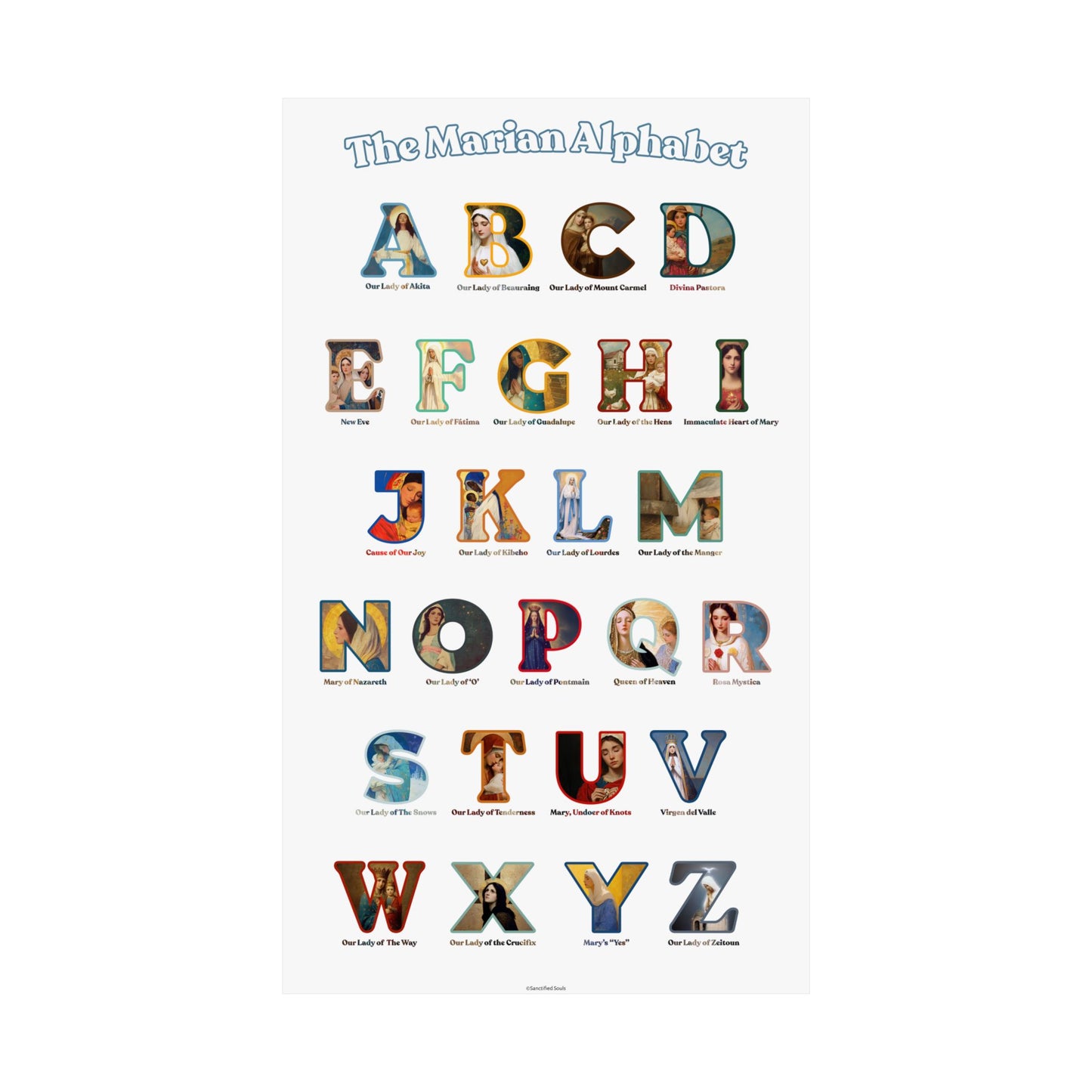 Catholic Marian Alphabet Poster - ABC Wall Art - Marian Titles Catholic Print - Catholic Nursery or Homeschool Faith Decor - Mother Mary Art