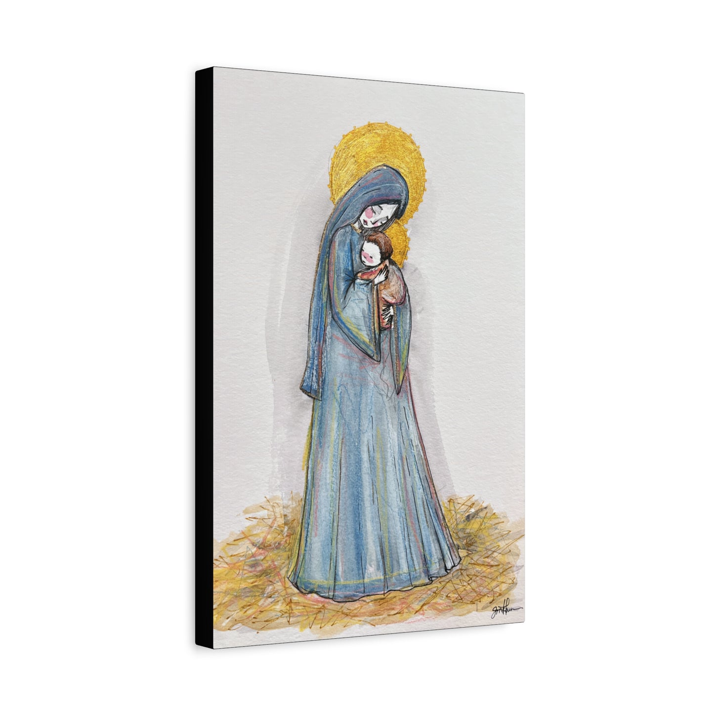 Our Lady of the Manger - Mother Mary Art - Catholic Canvas Print | Virgin Mary Sacred Art | Hand-Drawn Watercolor Christian Wall Art