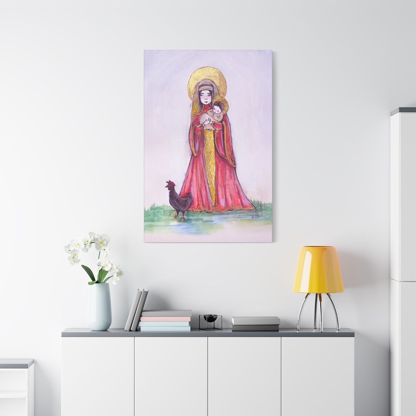 Our Lady of the Hens Catholic Canvas Print | Virgin Mary and Child Sacred Art | Hand-Drawn Watercolor Marian Wall Art