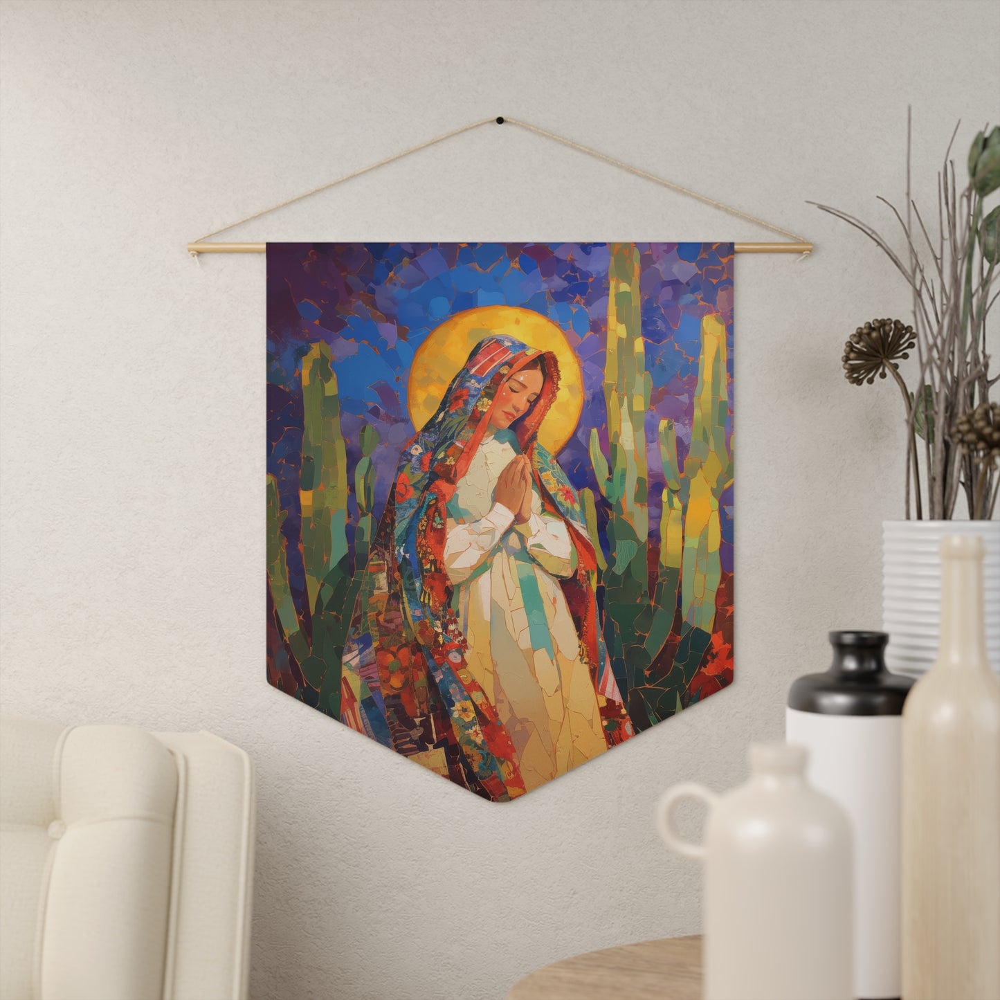 Radiant Light of Our Lady of Guadalupe Pennant / Banner / Wall Hanging - Prayer room art - 18" x 21" - Catholic Gift
