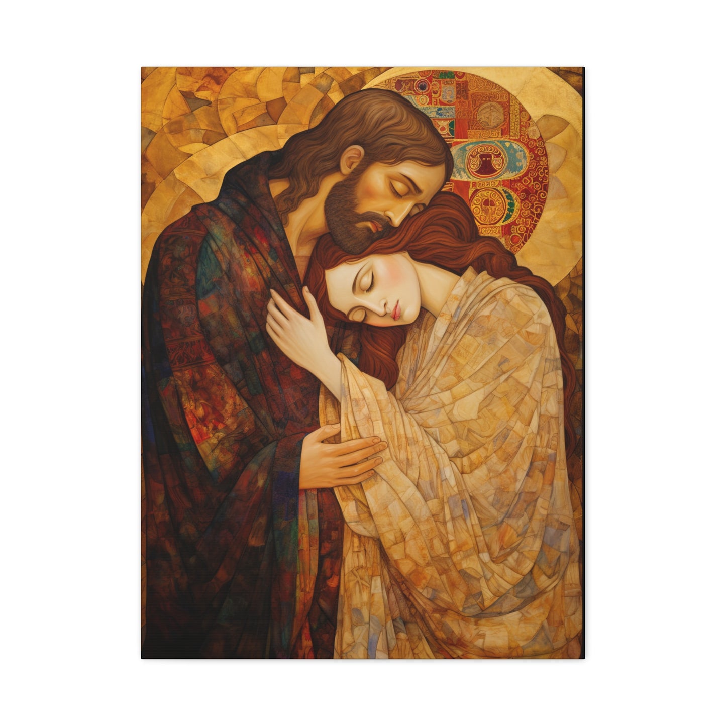 Healing Love- The Embrace of Christ and Mary Magdalene Museum Wrapped Canvas - Sanctified Souls Print -Based on Klimt's The Kiss