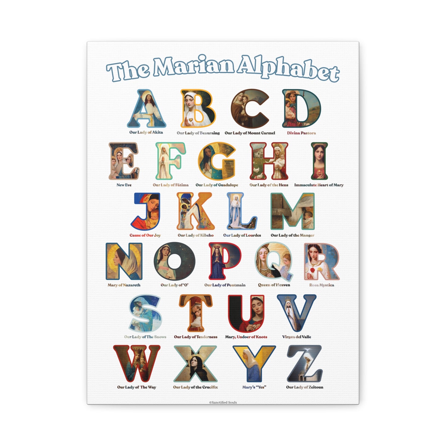 Catholic Marian Alphabet ABC Canvas - Full Alphabet Large Canvas - Catholic ABC Mary - Marian Titles - Catholic Nursery / Homeschool