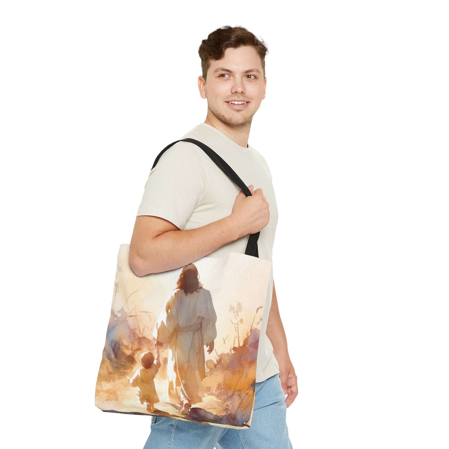 Jesus Guiding a Child in Faith Tote Bag - Large Medium Small Faith Art Bag - Catholic Faith Purse - Religious Carry All