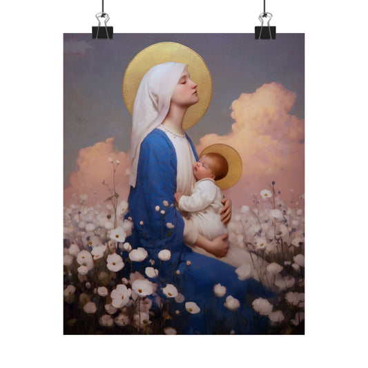 Our Lady Among the Flowers -  Catholic Art - Multiple Sizes - Premium Posters - Catholic Art - Christian Home - Catholic Saint Art