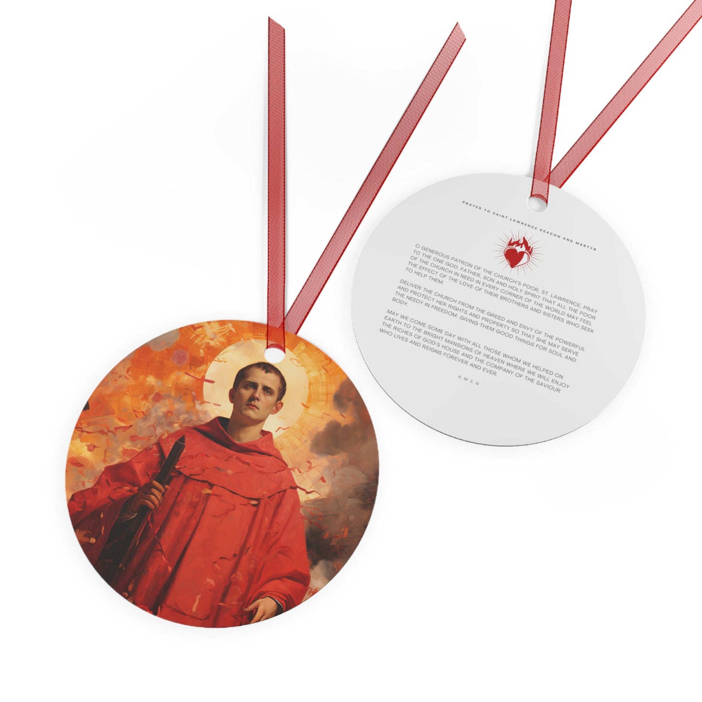 Saint Lawrence Deacon and Martyr Metal Ornament - Religious Holiday Christmas Ornament and Keepsake - Double sided - Prayer Ornament