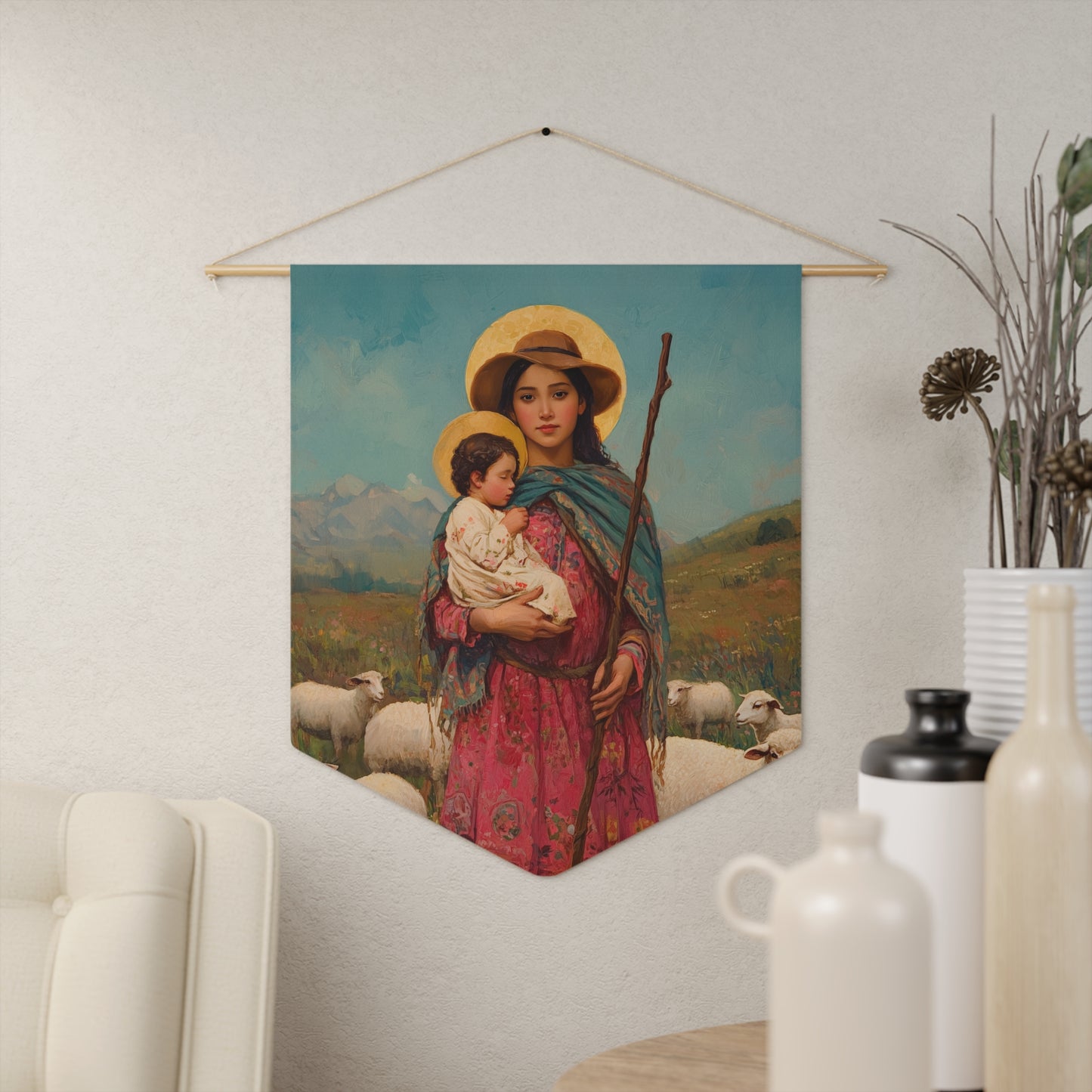 Divina Pastora - Divine Shepherdess - Marian Title - Mother Mary - Pennant / Banner / Wall Hanging - Catholic Art - Large - 18" x 21"
