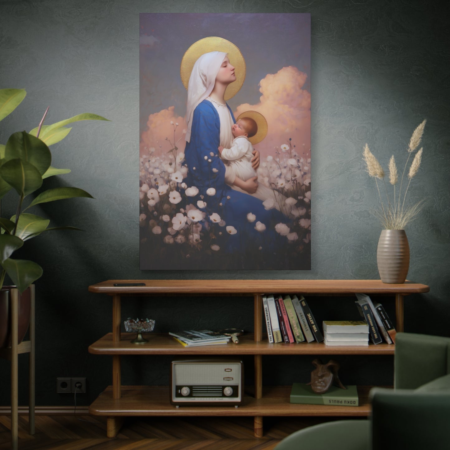 Mother Mary - Our Lady Among the Flowers -  Museum Wrapped Canvas - Sanctified Souls Print - Religious Art for your Home - Catholic Mother Mary Art