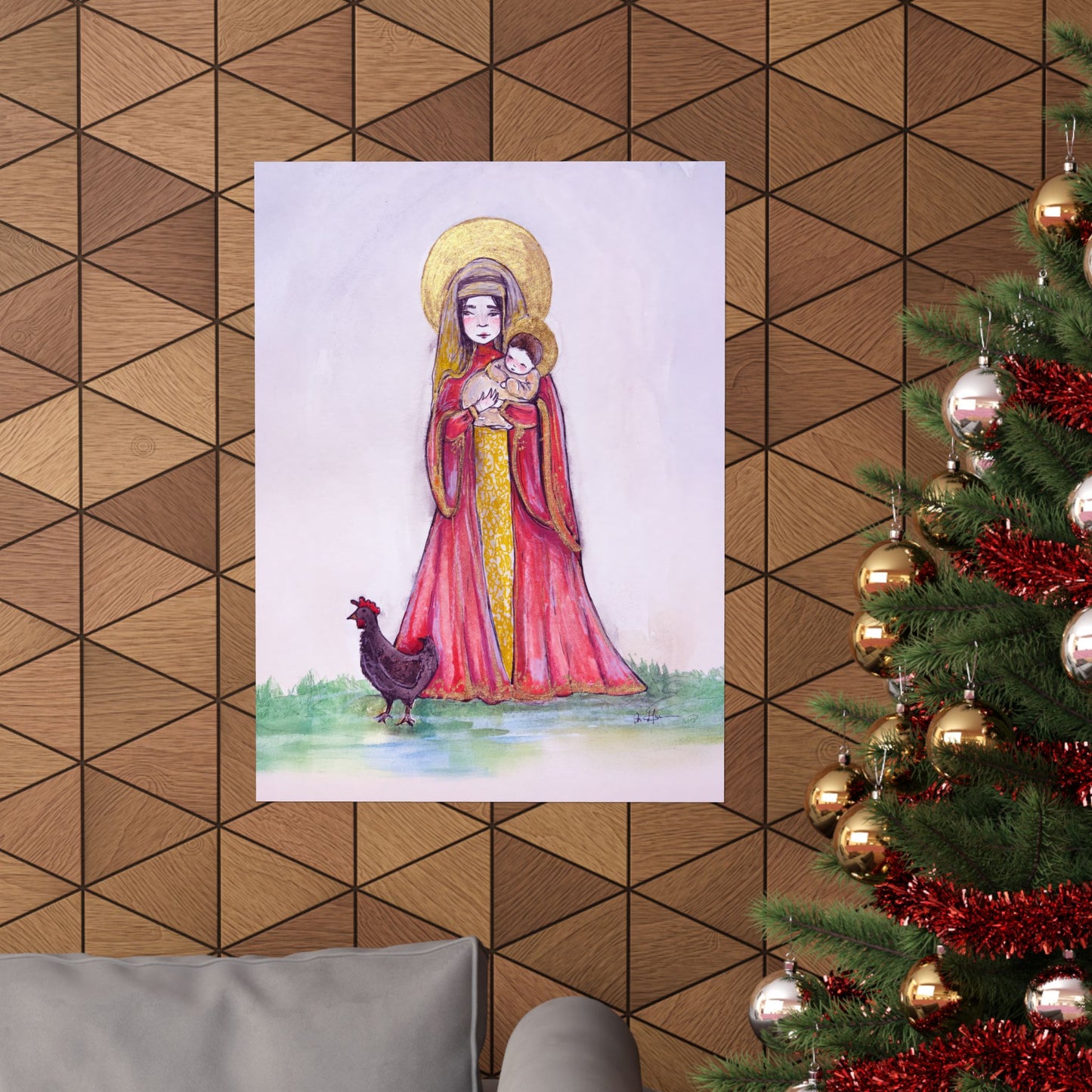 Our Lady of the Hens Catholic Art Print | Hand-Drawn Watercolor Virgin Mary Artwork | Christian Devotional Marian Wall Art