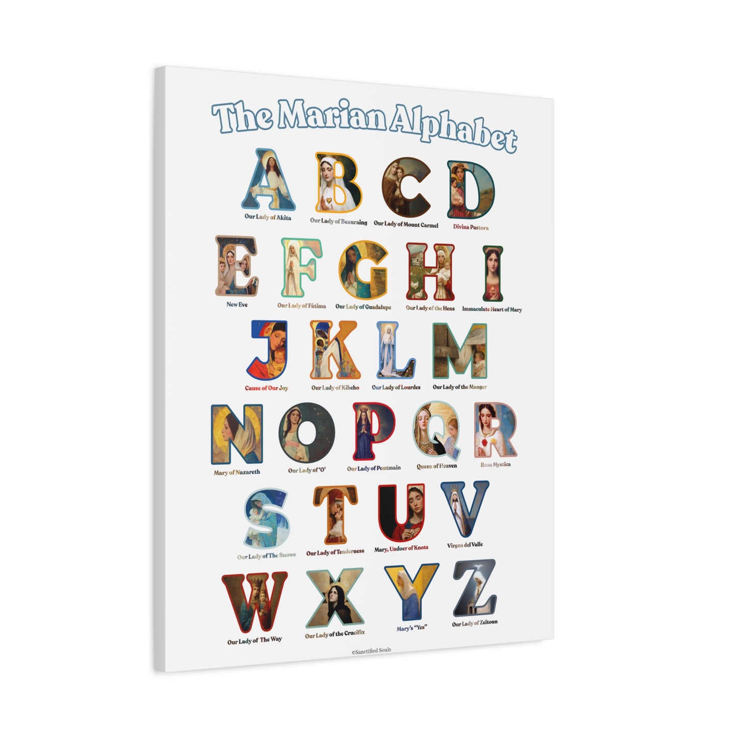 Catholic Marian Alphabet ABC Canvas - Full Alphabet Large Canvas - Catholic ABC Mary - Marian Titles - Catholic Nursery / Homeschool