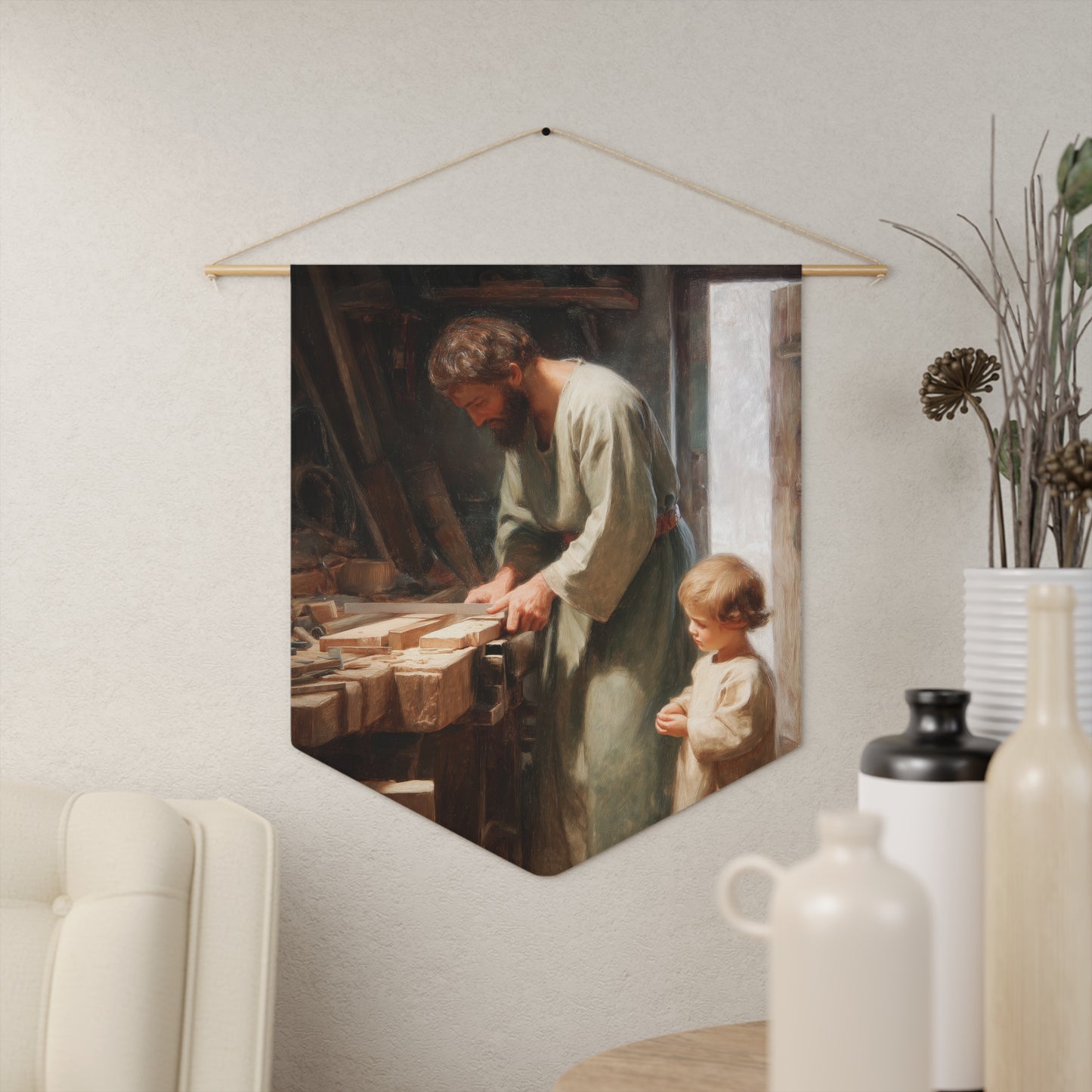 Saint Joseph the Worker Pennant / Banner / Wall Hanging - Prayer room art - Catholic Home - 18" x 21"