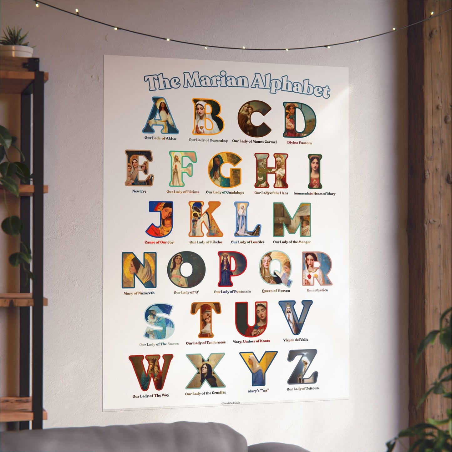 Catholic Marian Alphabet Poster - ABC Wall Art - Marian Titles Catholic Print - Catholic Nursery or Homeschool Faith Decor - Mother Mary Art