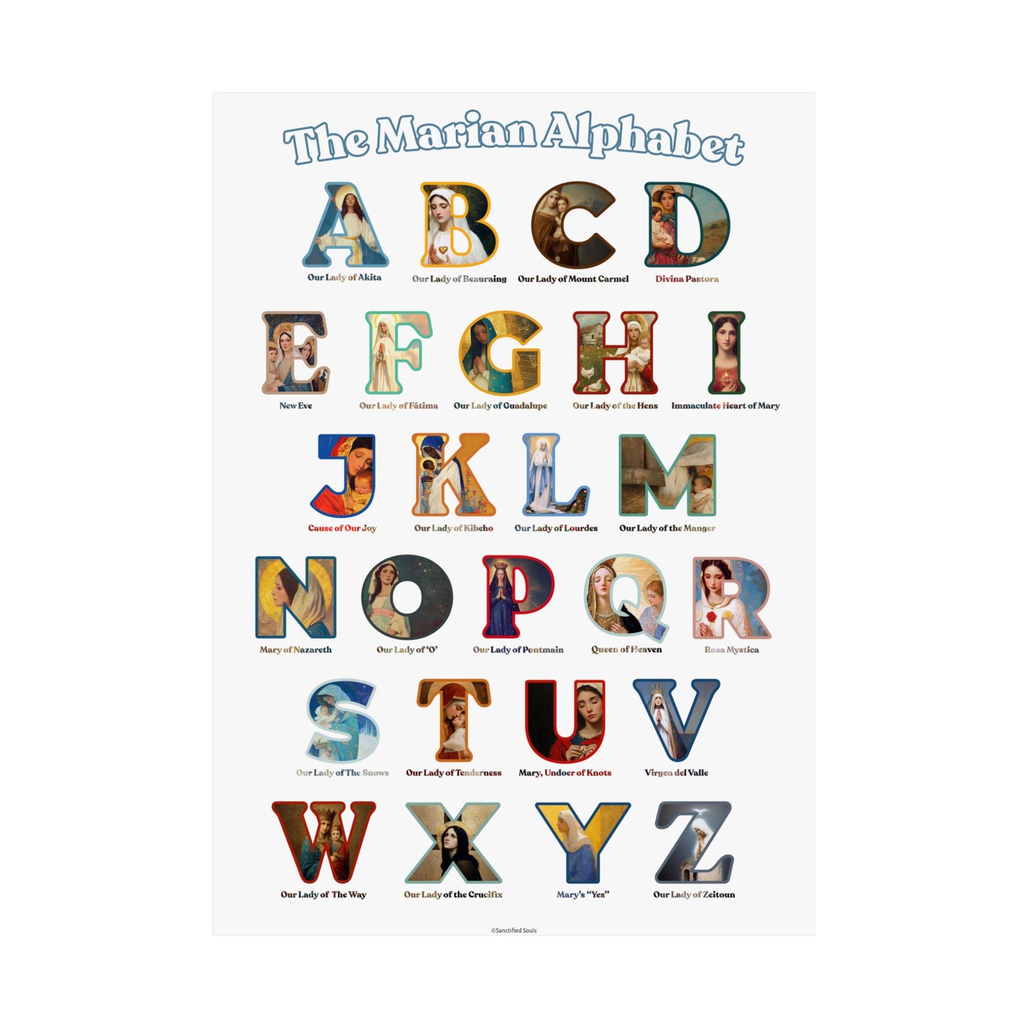 Catholic Marian Alphabet Poster - ABC Wall Art - Marian Titles Catholic Print - Catholic Nursery or Homeschool Faith Decor - Mother Mary Art