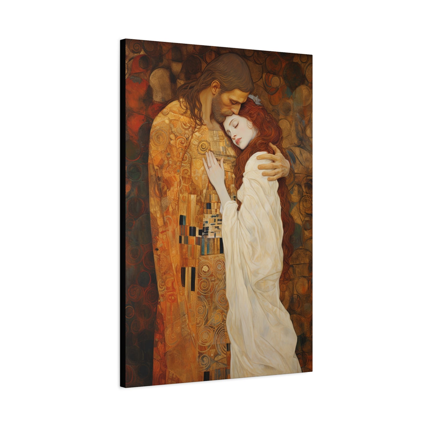 Transcendent Devotion: Christ Embracing Mary Magdalene Museum Wrapped Canvas - Sanctified Souls Print - Based on Klimt's The Kiss