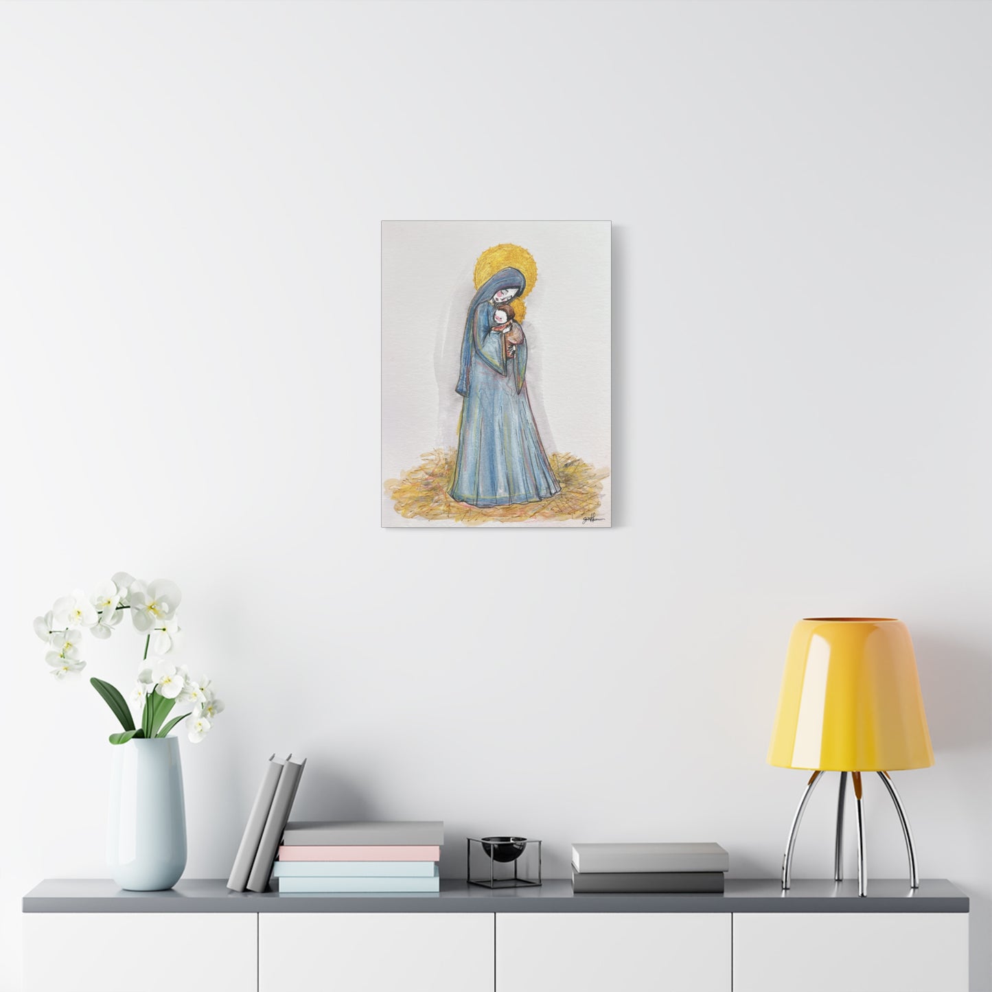 Our Lady of the Manger - Mother Mary Art - Catholic Canvas Print | Virgin Mary Sacred Art | Hand-Drawn Watercolor Christian Wall Art