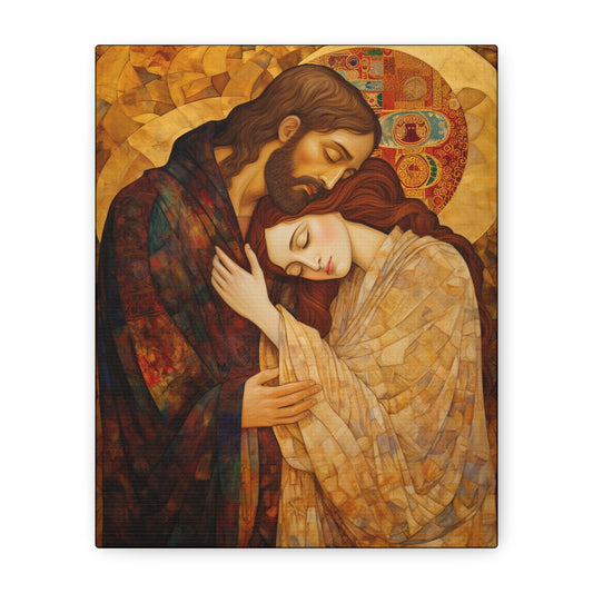 Healing Love- The Embrace of Christ and Mary Magdalene Museum Wrapped Canvas - Sanctified Souls Print -Based on Klimt's The Kiss