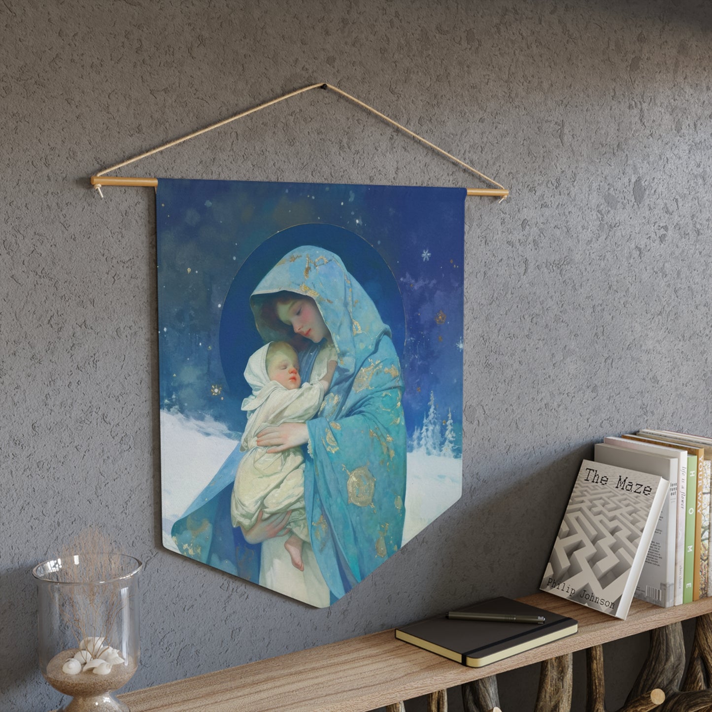 Snowfall of Grace: Our Lady's Blessing Pennant / Banner / Wall Hanging - Prayer room art - 18" x 21" - Catholic prayer Religious - Banner