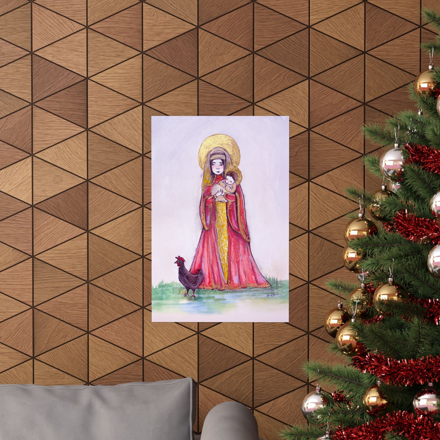 Our Lady of the Hens Catholic Art Print | Hand-Drawn Watercolor Virgin Mary Artwork | Christian Devotional Marian Wall Art